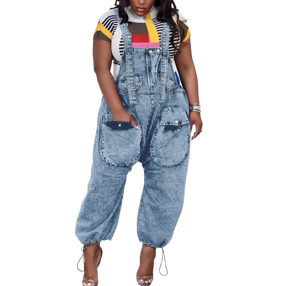 HTD Women's Bib Denim Overalls - Loose Fit Wide Leg Jean Jumpsuit with Cargo Pockets | Casual Outfit for Streetwear, Workwear & Outdoor Activities