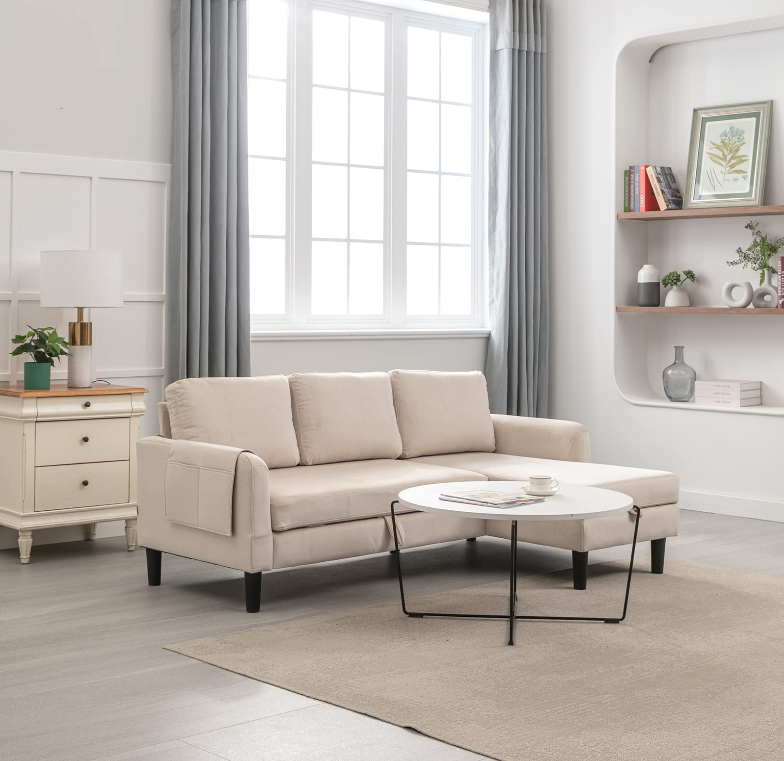 Modern L-Shaped Sectional Sofa with Pull-Out Bed & Reversible Storage Chaise - 3-Seater Sleeper Couch with Pillows, Beige Velvet Upholstered Furniture for Living Room, Bedroom & Small Apartments - Perfect for Guest Accommodation & Space-Saving Solutions
