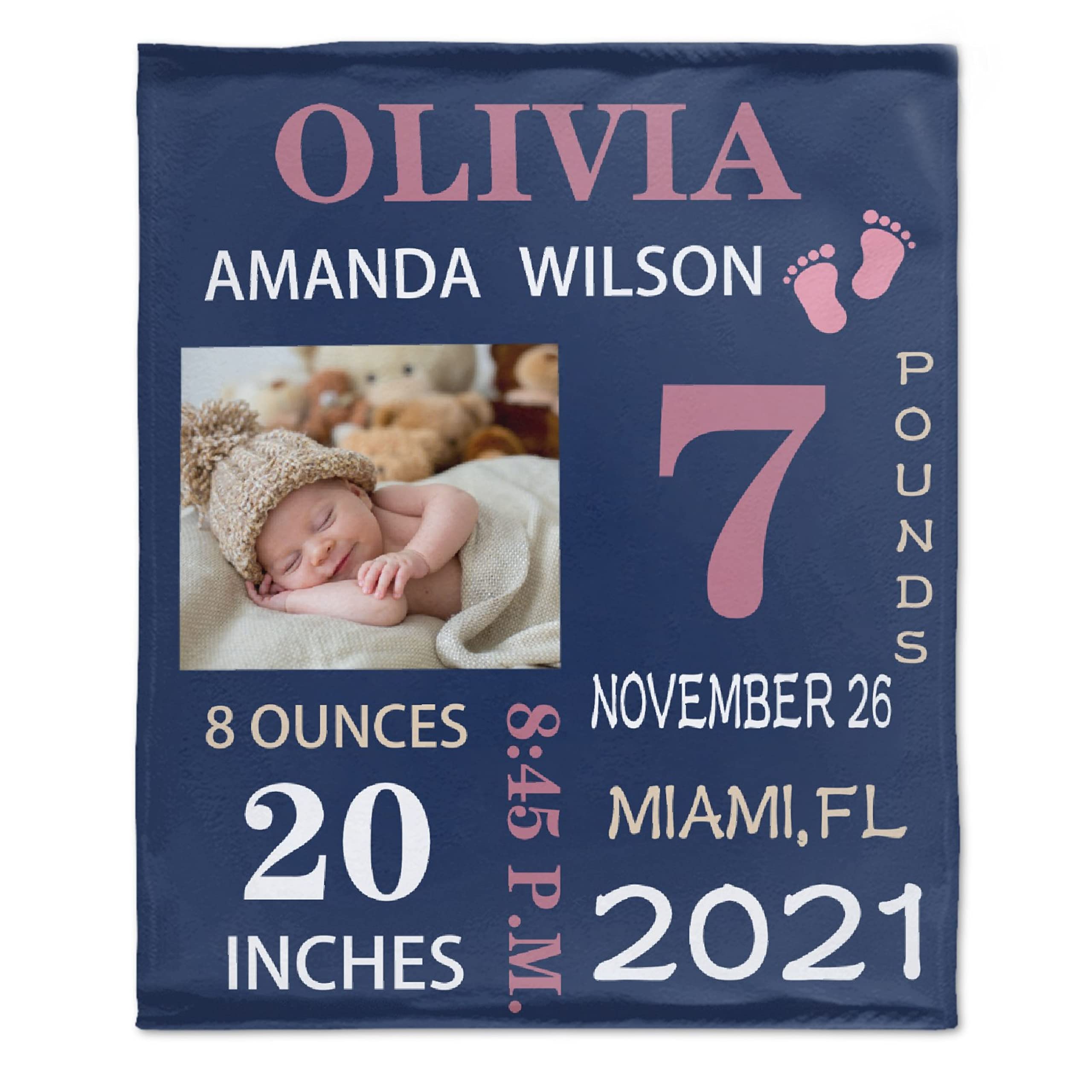Custom Personalized Baby Blanket with Name, Birth Date & Time - Soft 120