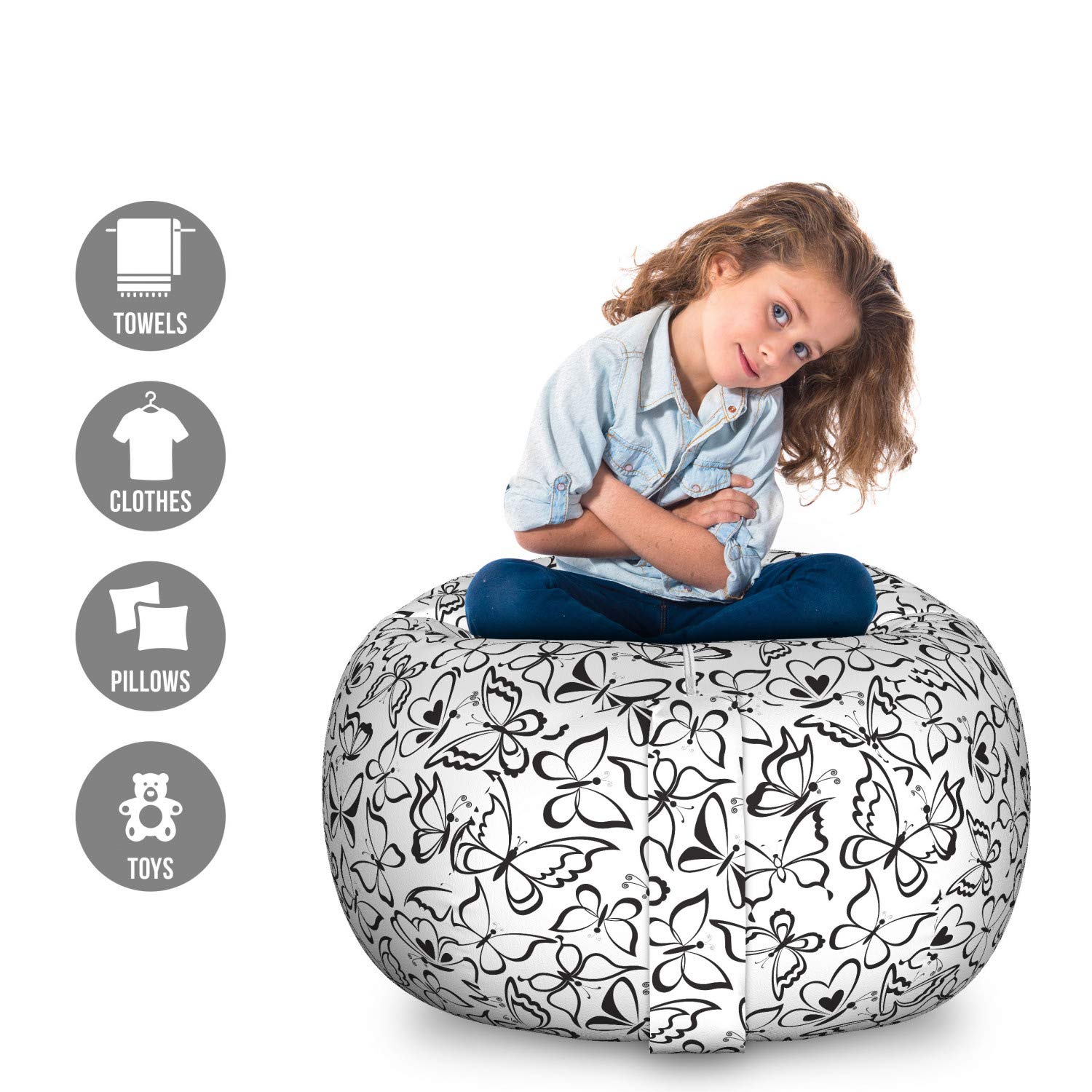 Ambesonne Large Washable Stuffed Animal Storage Bag Chair - Butterfly Pattern Freedom Sign Feminine Design, White and Black Toy Organizer for Kids' Room, Playroom & Nursery Decor