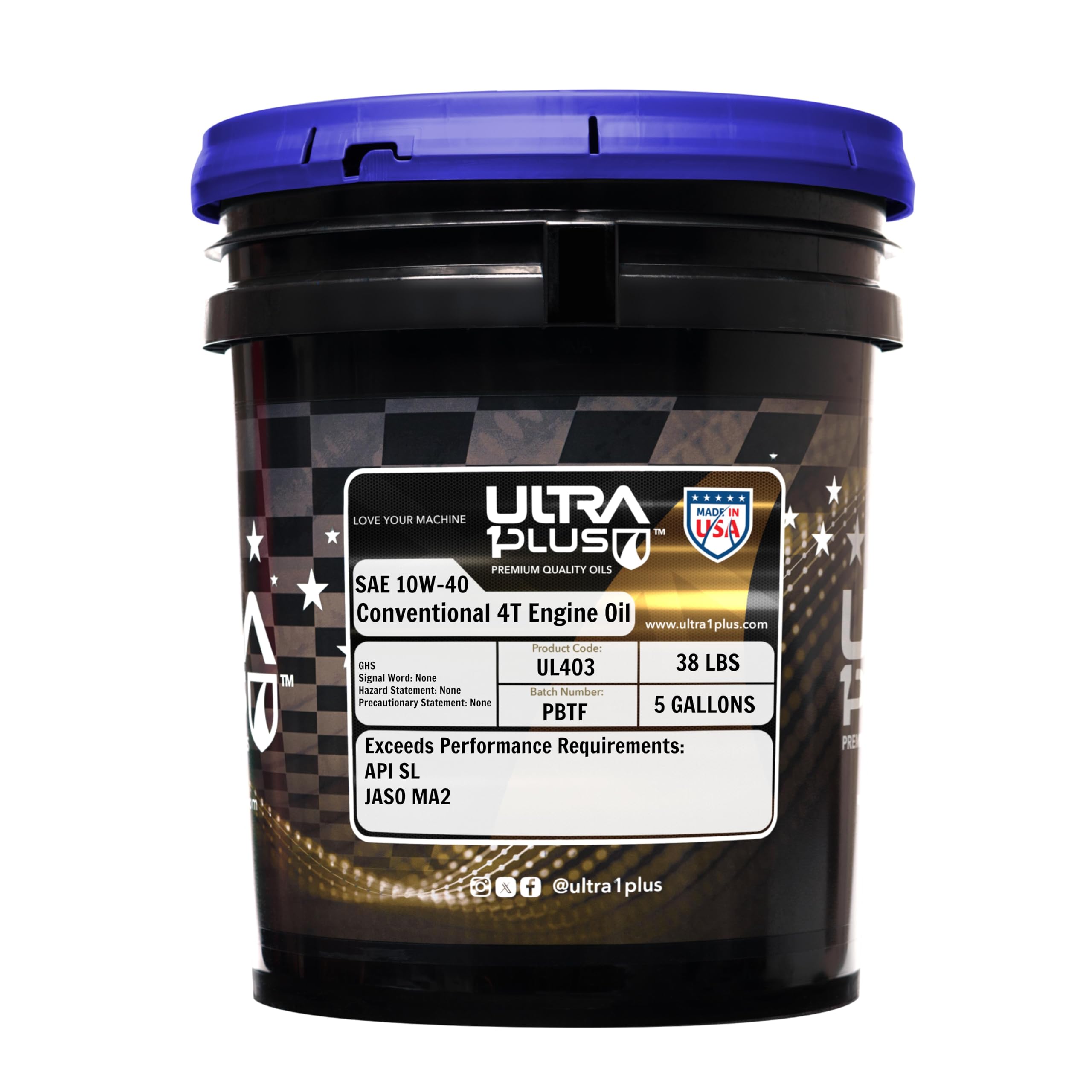 Ultra1Plus 4T 10W-40 Conventional Motorcycle Oil API SL JASO MA2 - 5 Gallon Pail for High-Performance Motorcycles, Dirt Bikes & ATVs - Ideal for Engine Protection & Smooth Riding