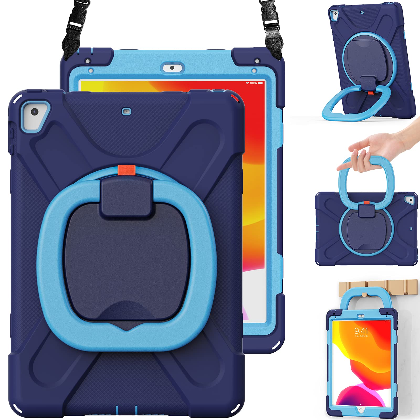 BRAECN Shockproof iPad Case for iPad 9.7 Inch (6th/5th Gen), iPad Pro 9.7, iPad Air 2 - Heavy Duty Protective Cover with Kickstand, Hand Grip, Pencil Holder & Shoulder Strap - Perfect for Kids, Students & Travel (Navy Blue)