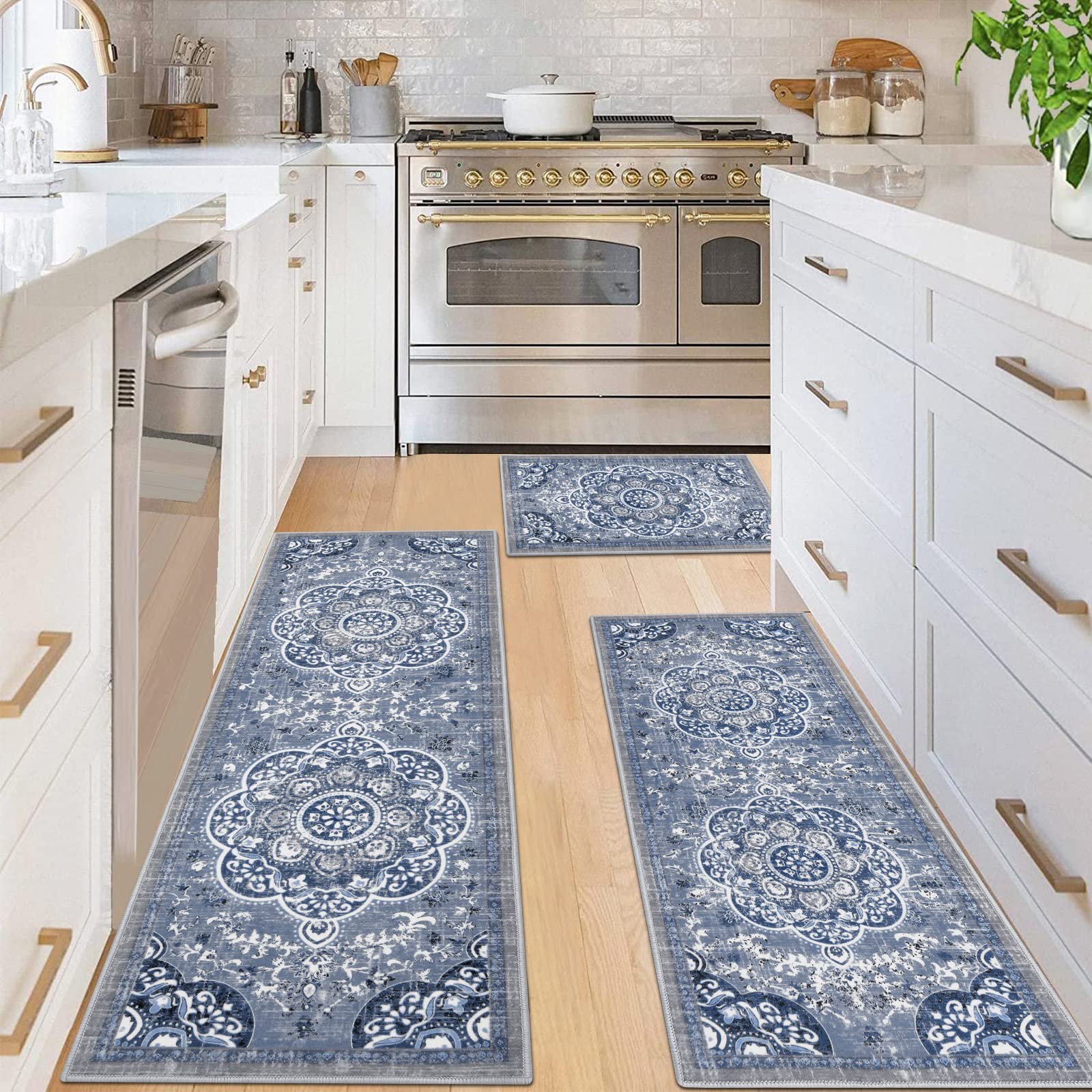 Boho Kitchen Rugs Set of 3 - Non-Slip Washable Floral Farmhouse Floor Mats with Runner for Kitchen, Office, Laundry & Sink Area - Blue | Perfect for Farmhouse Decor & High-Traffic Areas