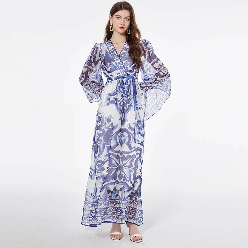 Elegant Blue and White Porcelain Floral Maxi Dress for Women - Long Sleeve Floral Print Summer & Autumn Dress - Perfect for Weddings, Parties, and Casual Outings