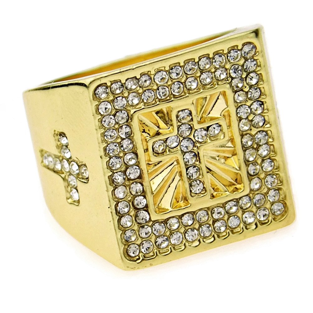 Men's Iced Out Cross Ring - Hip Hop Bling Chunky Band Yellow Gold Finish Sizes 7-12 - Perfect for Rappers, Streetwear Fashion & Gift Giving