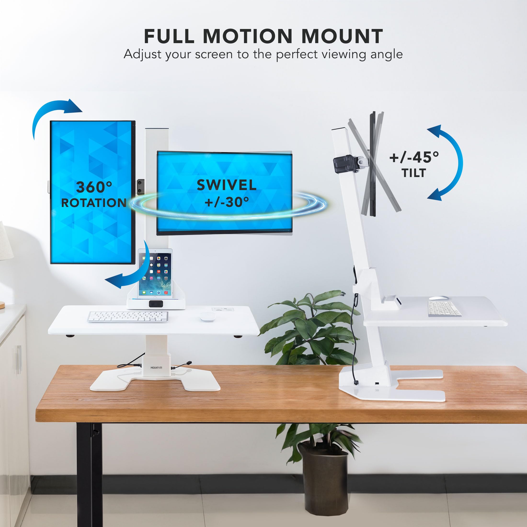 Mount-It! Electric Sit Stand Desk Converter - Motorized Adjustable Height Standing Desk Riser with Dual Monitor Mounts & Tablet Slot - Ergonomic Workstation for Office, Home & Gaming - White
