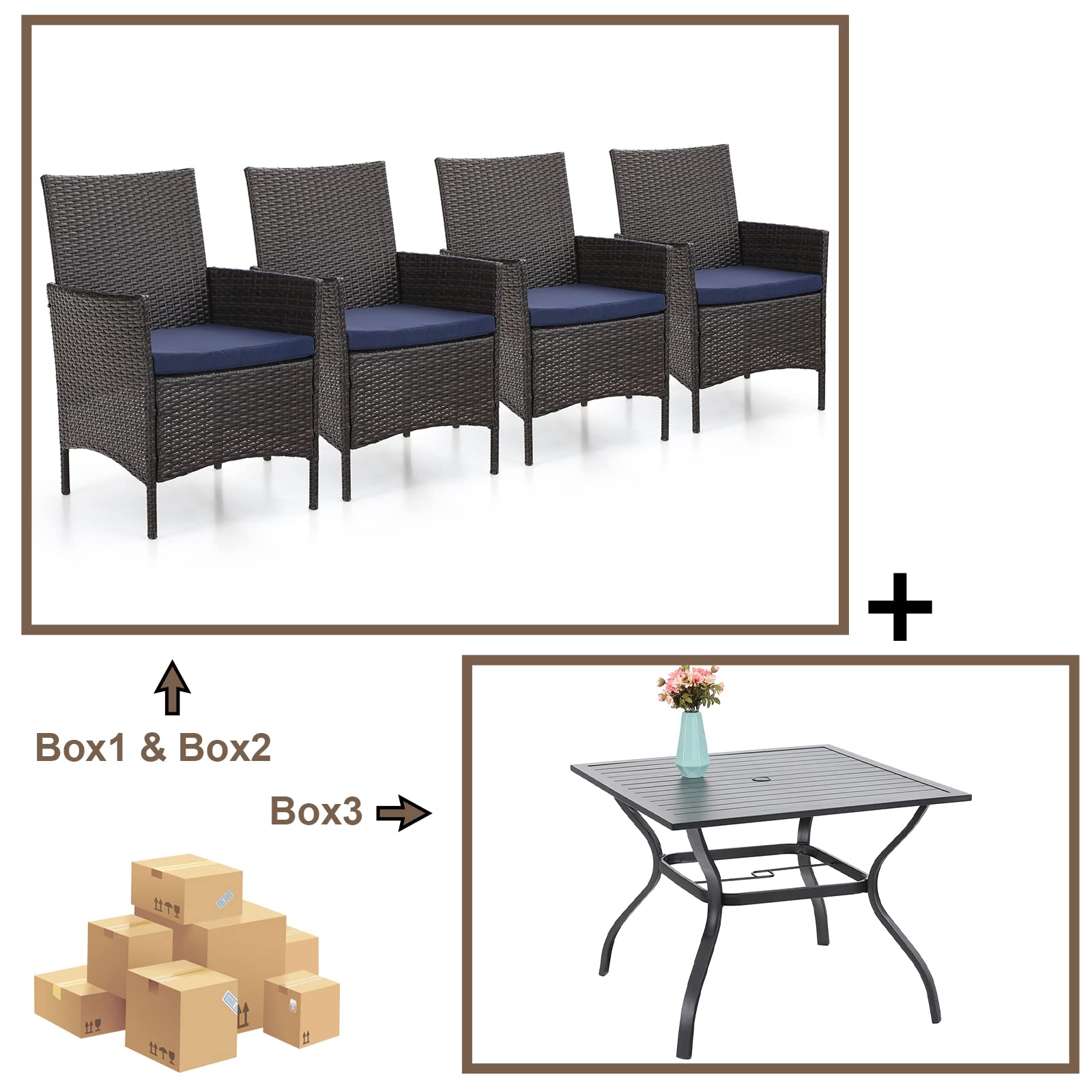 Sophia & William 5-Piece Outdoor Dining Set - Square Metal Patio Table & Rattan Chairs with Cushions & 1.57