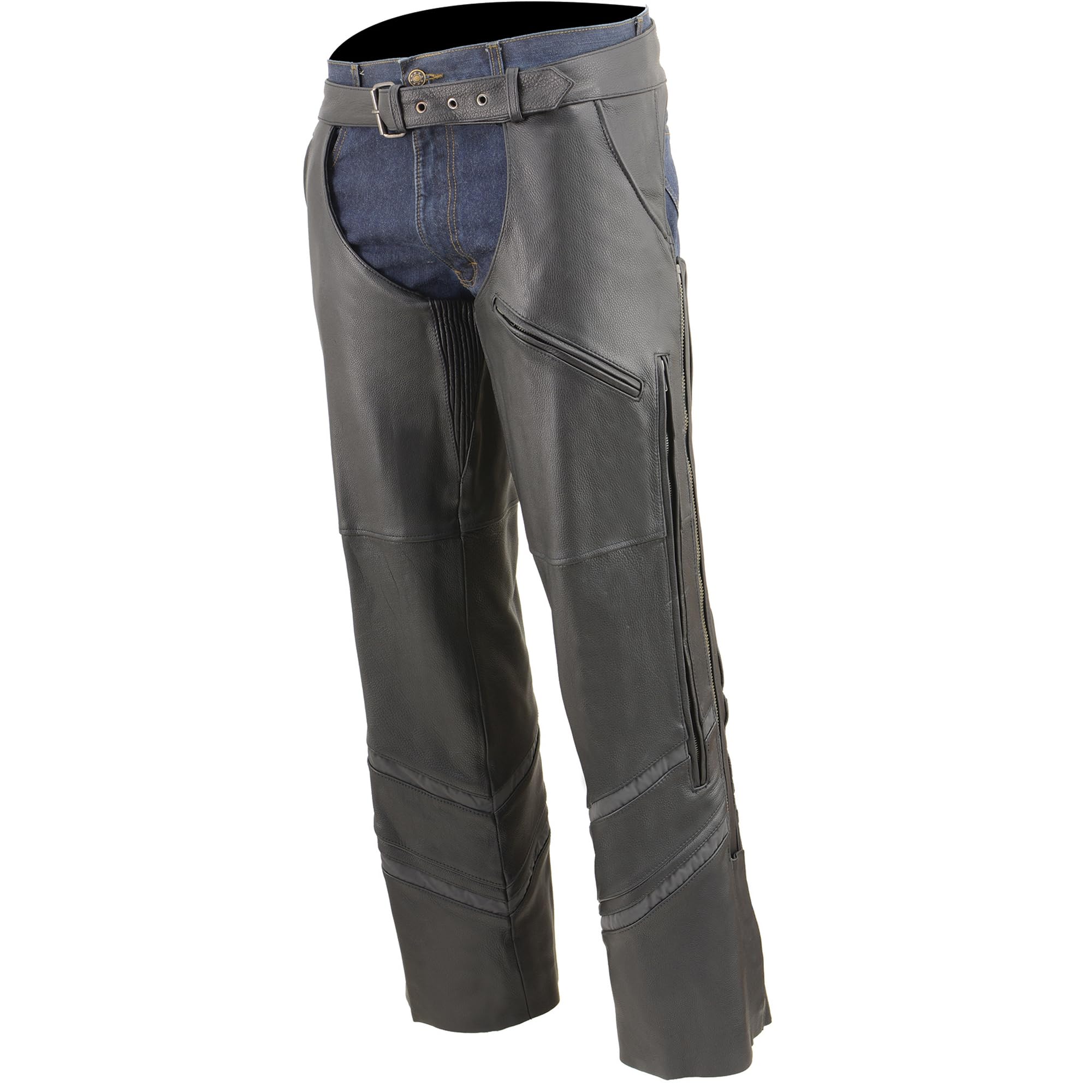 Milwaukee ML1144 Men's Naked Cowhide Vented Leather Chaps with Reflective Piping - Durable Motorcycle Riding Gear for Harley Davidson & Cruiser Bikes