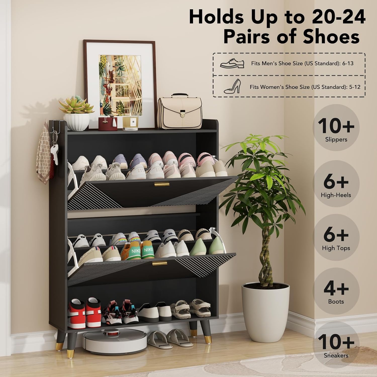 Black Wooden Shoe Storage Cabinet with Coat Hooks - Slim Entryway Shoe Organizer with 2 Flip Drawers & Hidden Doors - Perfect for Small Spaces, Hallways & Apartment Entry Organization