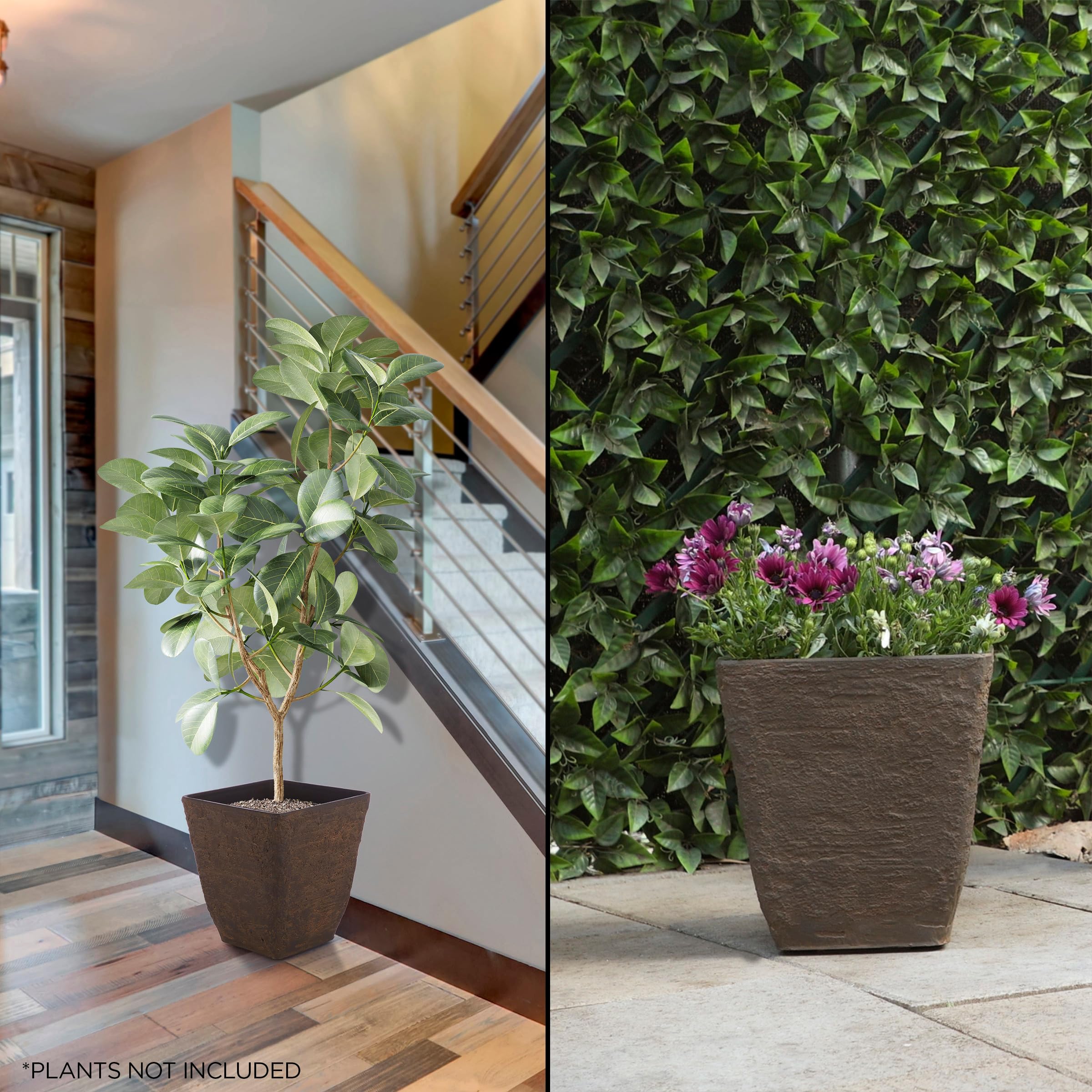 Alpine Corporation Indoor Outdoor Stone Look Square Planter Set of 2 - Small Brown Flower Pots for Patio, Garden, Deck & Home Decor