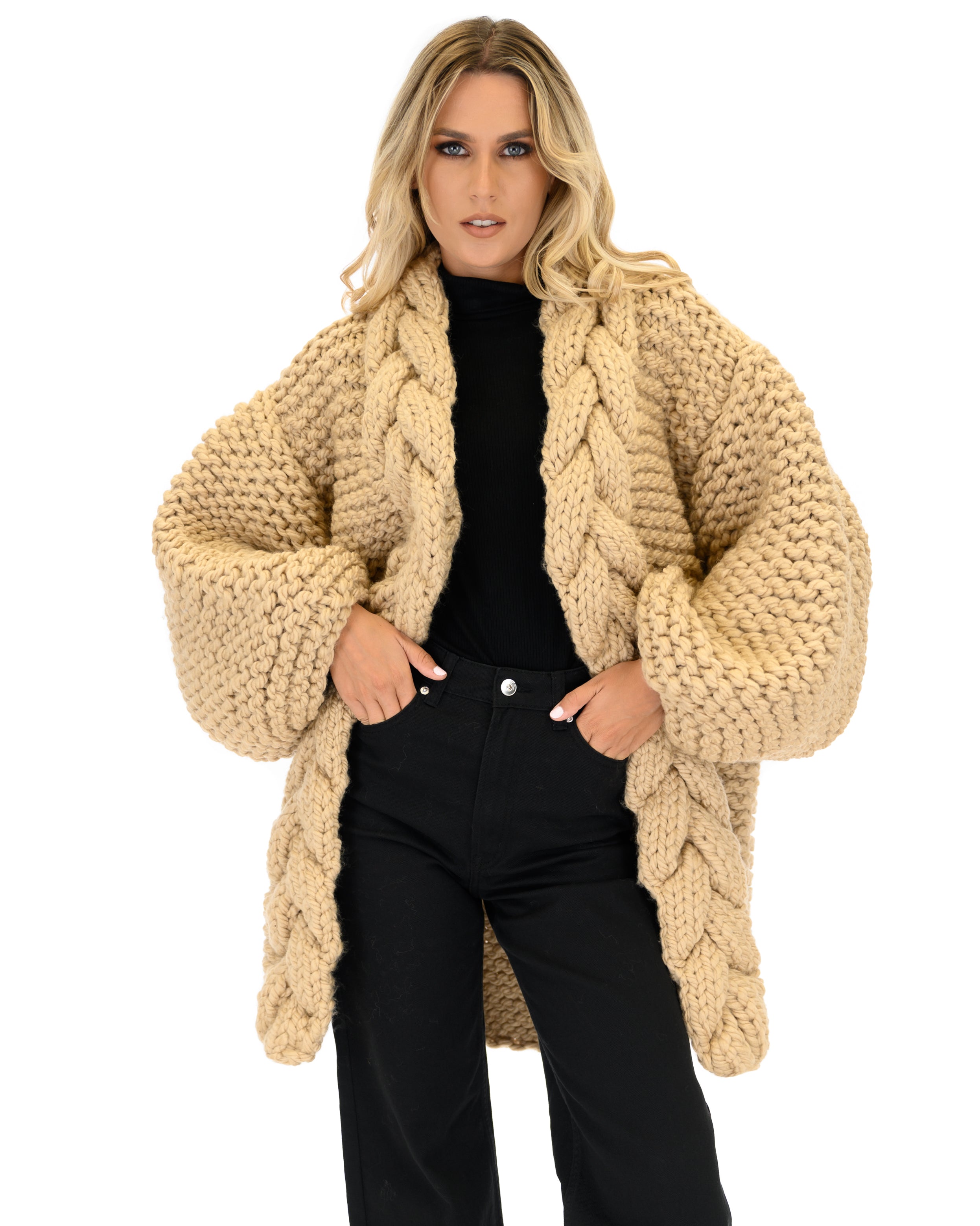 Women's Cable Knit Coat - Soft Wool Winter Jacket for Ladies - Perfect for Cold Weather, Office Wear & Casual Outfits