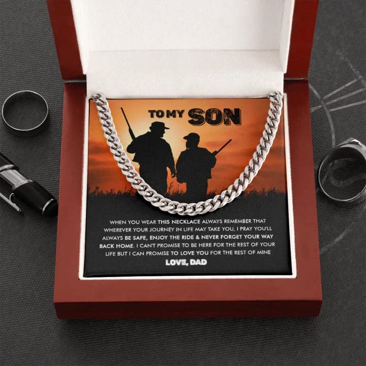 Personalized Hunting Necklace for Son - Cuban Link Chain Gift from Dad for Birthday & Father's Day - Always Be Safe