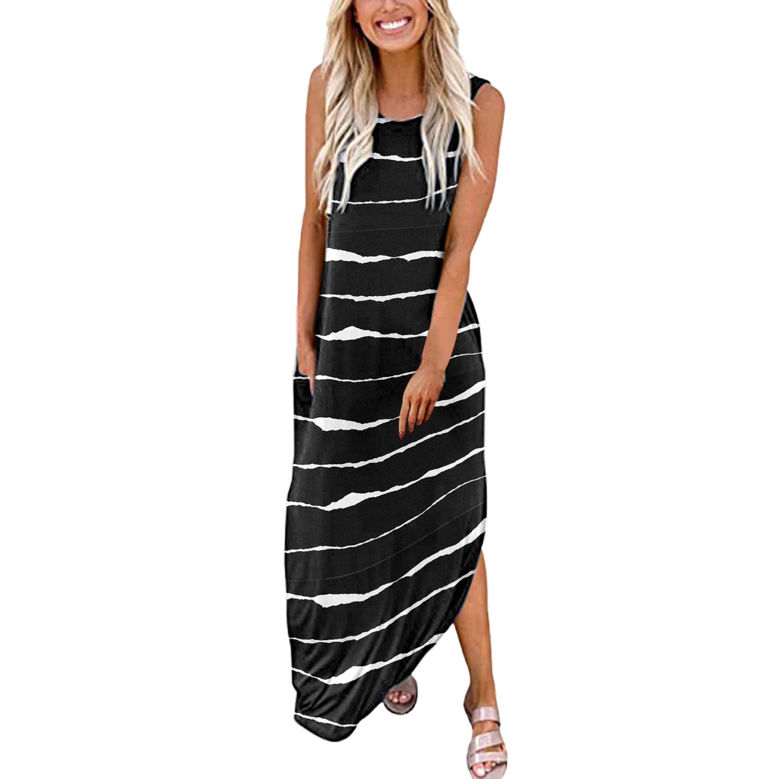 Women's Summer & Spring Maxi Dress - Sleeveless Boho Long Dress with O-Neck, Side Slit, Pockets & Cinched Waist | Perfect for Beach Vacations, Music Festivals & Casual Outings