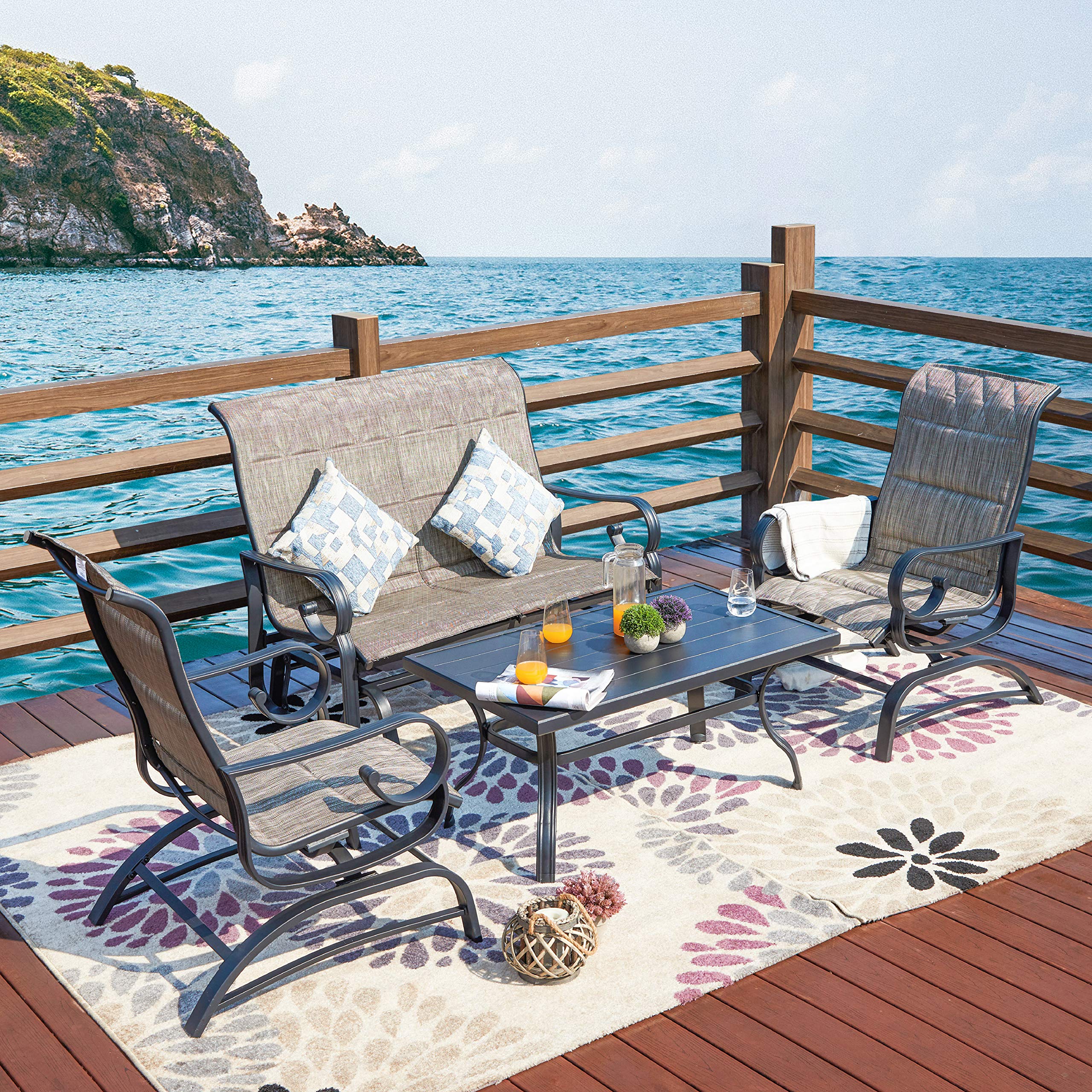 LOKATSE HOME 4-Piece Outdoor Patio Furniture Set - Metal Loveseat Glider, Single Chair & Coffee Table in Gray - Perfect for Garden, Backyard, Deck and Poolside Relaxation