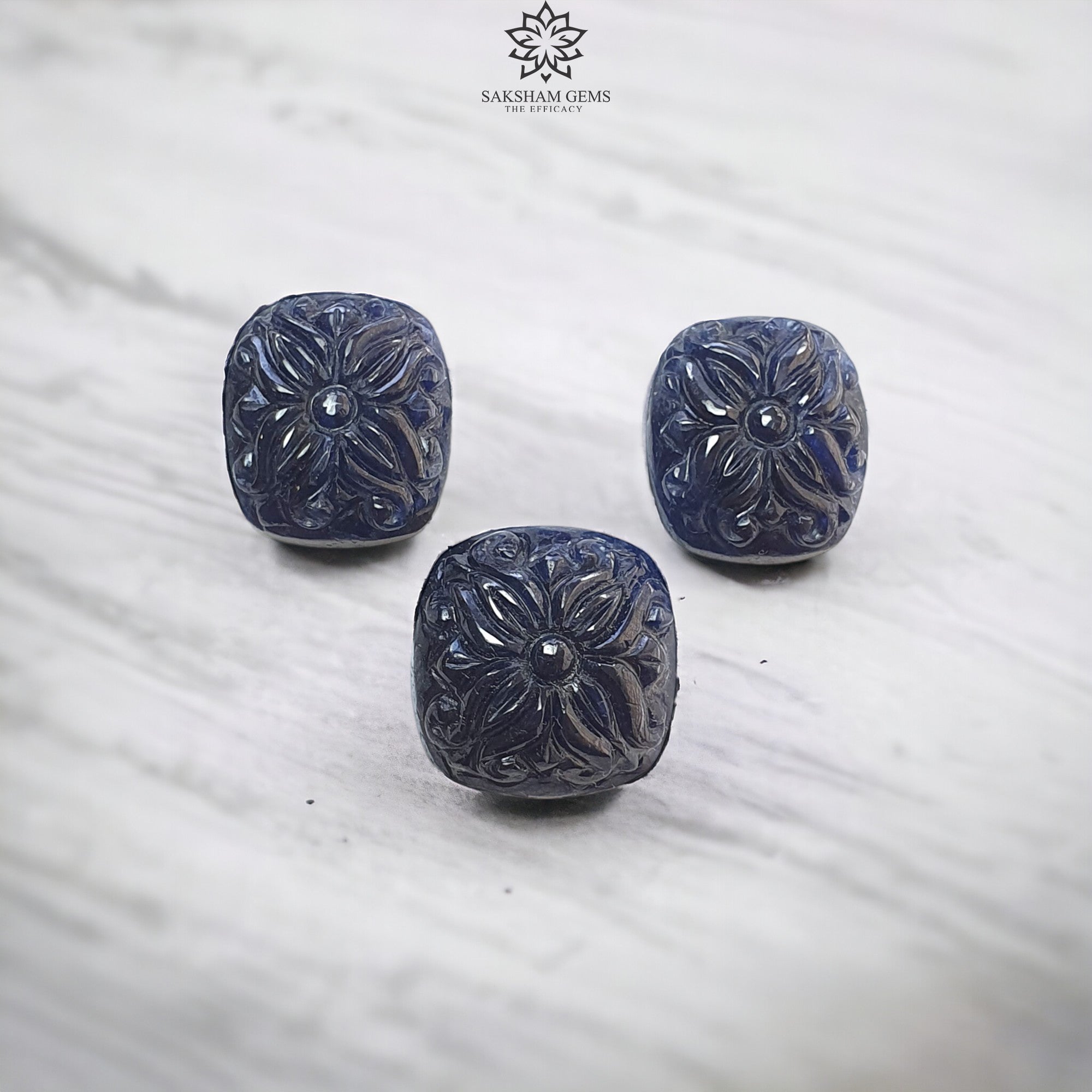 Natural Deep Blue Sapphire Gemstone Carving - 62.60cts Untreated Unheated Hand-Carved Cushion Shape (17x15mm & 18x20mm, 3pcs) | Jewelry Making, Engagement Rings & Luxury Gift Ideas