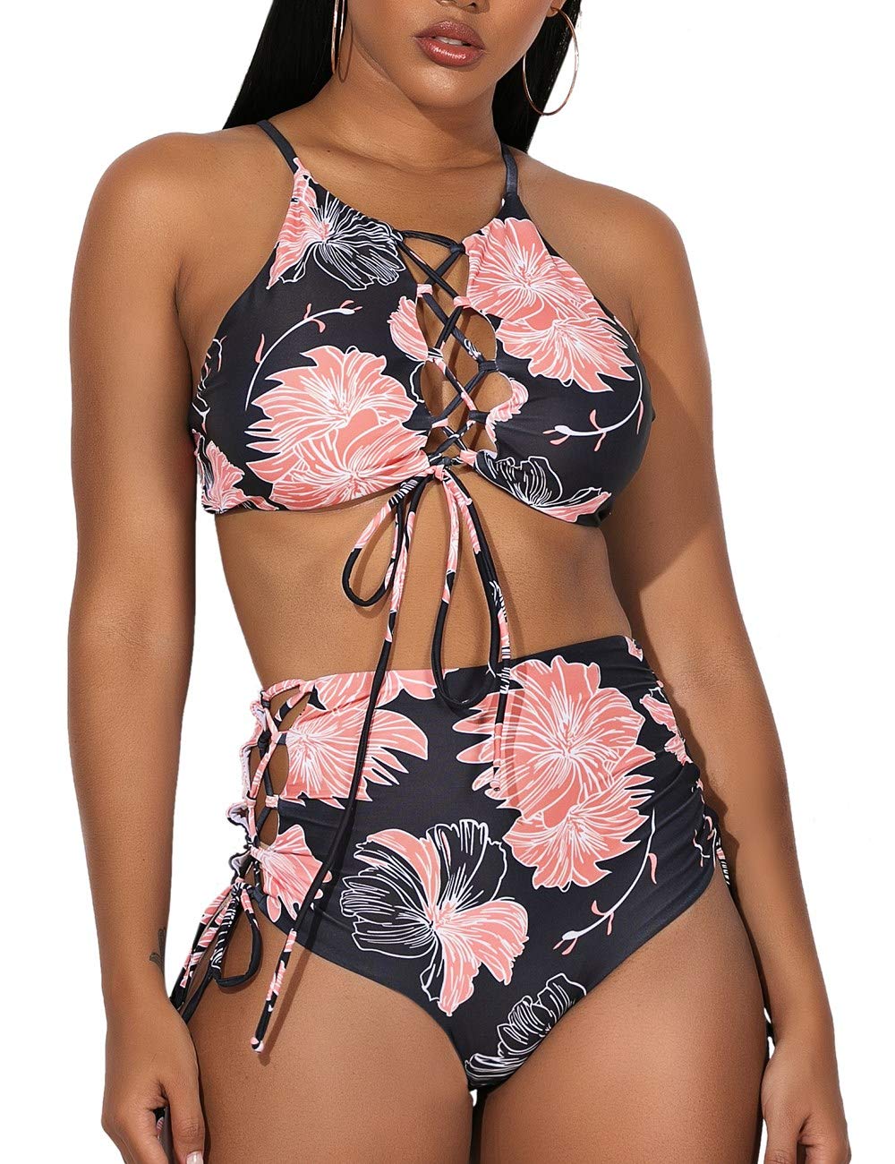GIRLANDSEA Women's African Print Backless Bikini Set - High Waist Tankini with Adjustable Straps for Beach, Pool & Summer Vacations