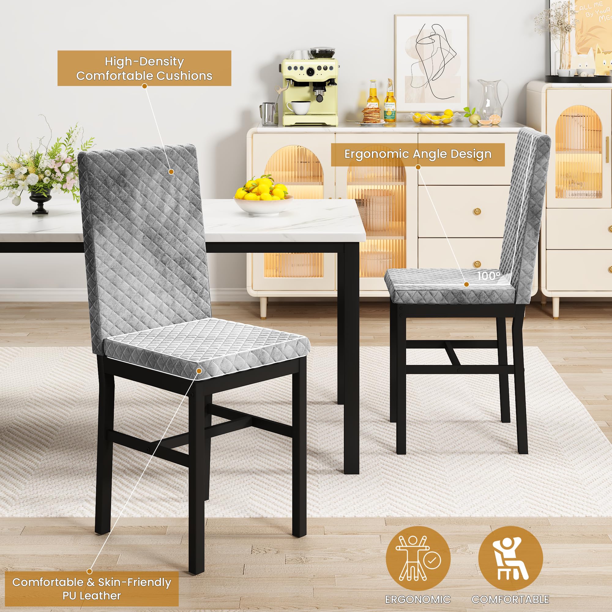 DKLGG 4-Piece Dining Table Set with Faux Marble Top & Velvet Upholstered Chairs - Compact Kitchen Table and Chair Set for Small Spaces, Apartments, Homes (White & Grey) | Perfect for Breakfast Nooks, Studio Apartments & Cozy Dining Areas