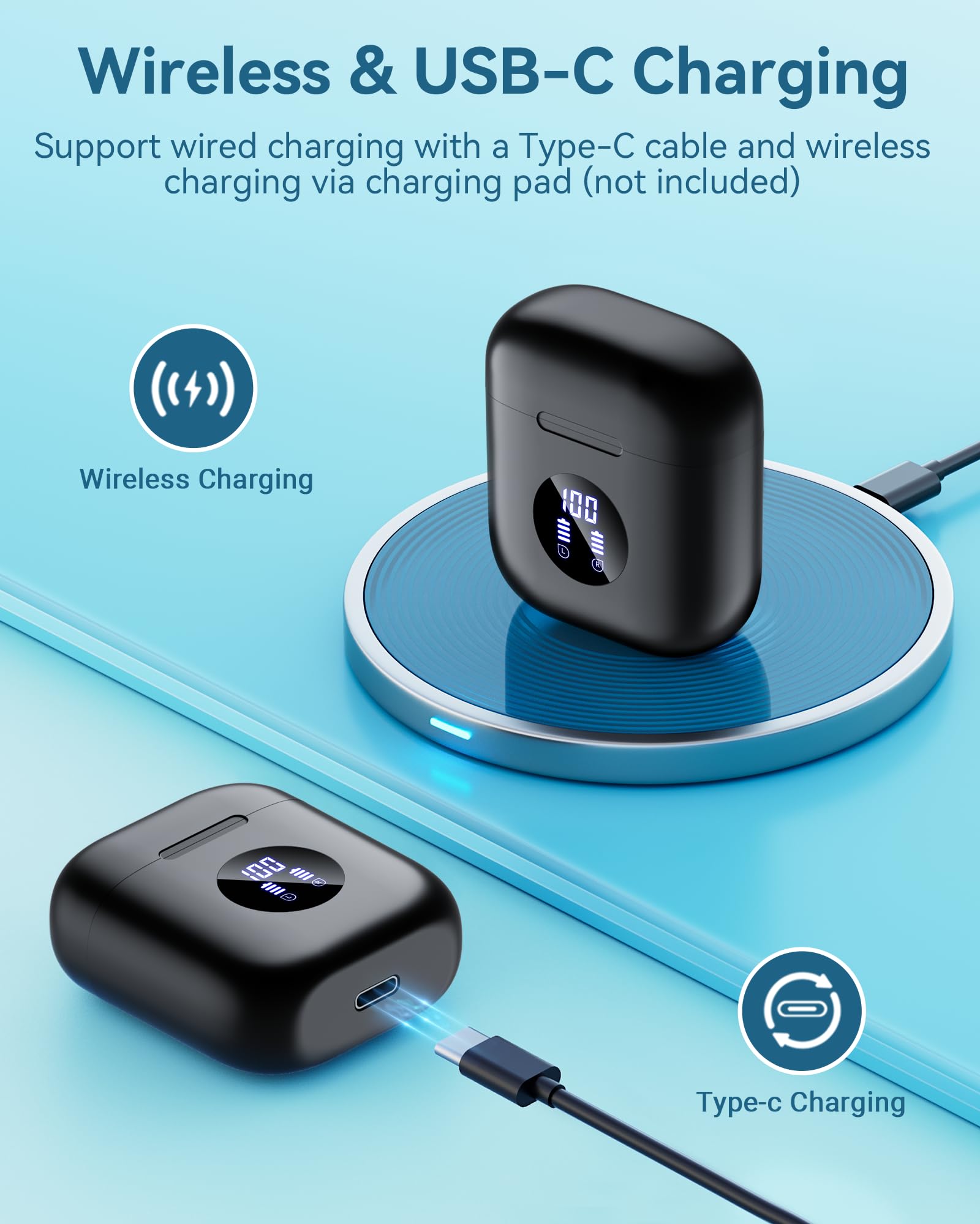 Occiam Wireless Earbuds Bluetooth 5.3 Headphones - 64H Playback Stereo Ear Buds with Wireless Charging Case, in-Ear Earphones for Android Phone & Laptop (Black) - Perfect for Workouts, Commuting & Travel