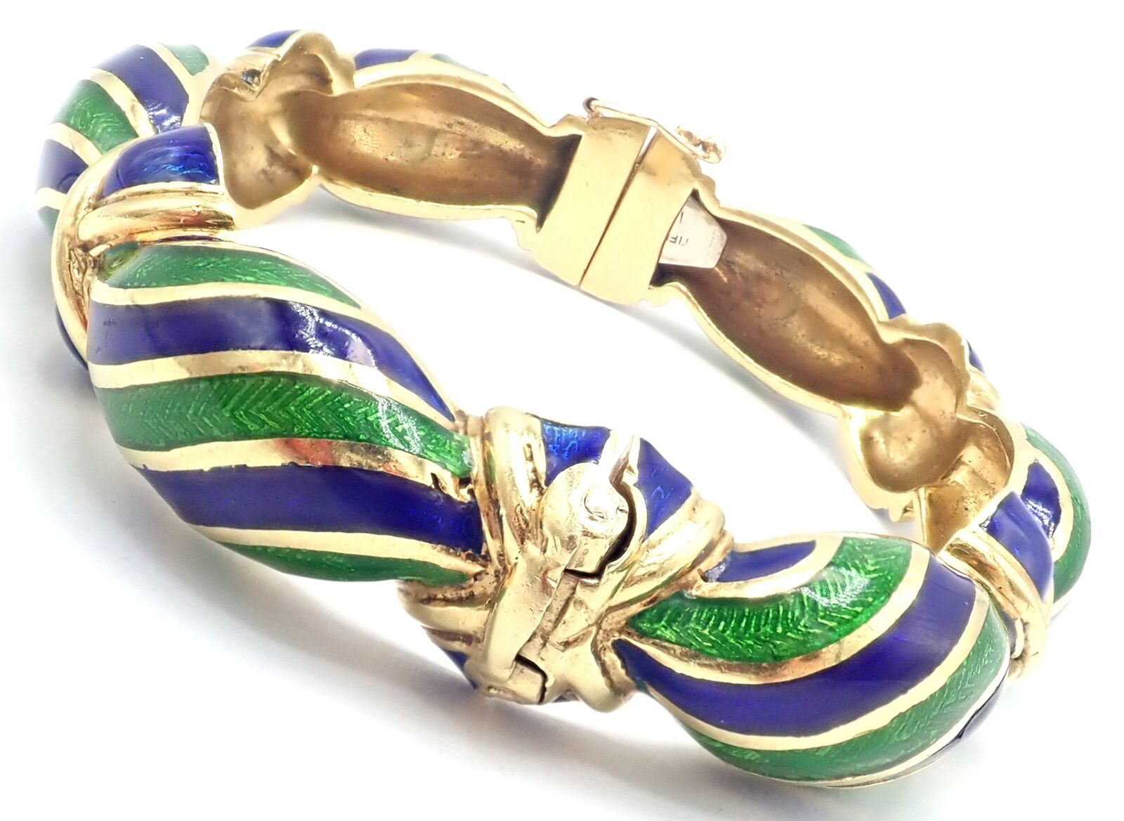Authentic Vintage Tiffany & Co 18k Yellow Gold Enamel Bangle Bracelet with Green & Blue Design - Perfect for Weddings, Anniversaries & Luxury Gifts