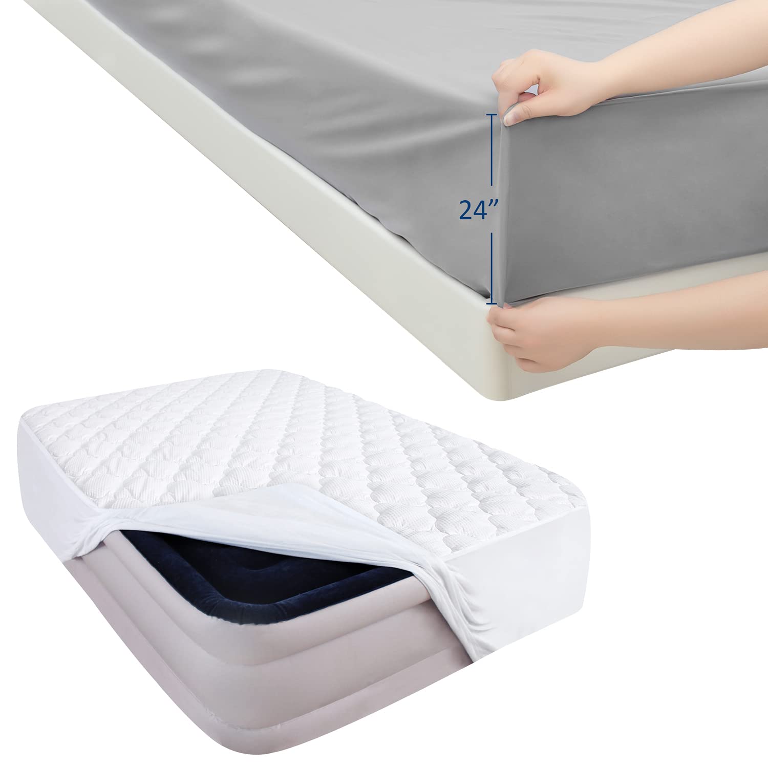 Deep Pocket Queen Mattress Pad & 3-Piece Sheet Set - Extra Thick Quilted Mattress Topper & Air Mattress Cover with Side Pockets (Fits 16-24