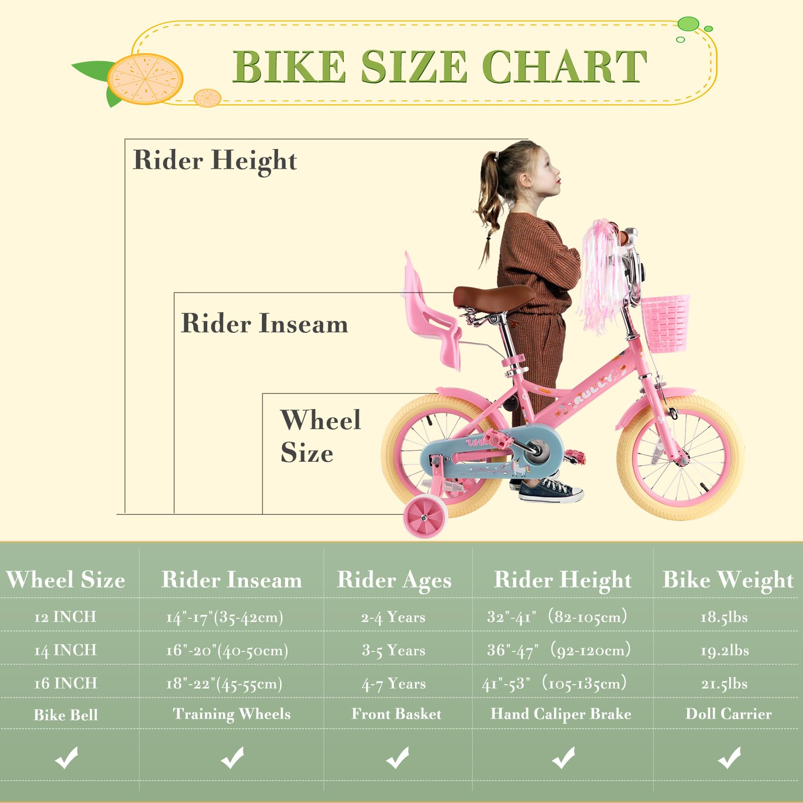 RULLY 12 14 16 Inch Kids Bike for Girls Ages 2-7 Years - Training Wheels, Front Handbrake, Basket & Streamers - Perfect for Outdoor Play, Neighborhood Rides & Learning to Cycle
