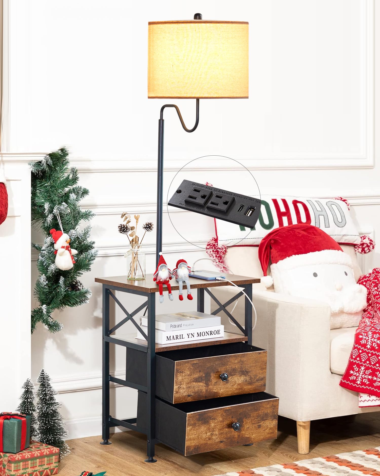 LOKHOM Rustic End Table with Built-in Lamp & USB Type-C Charging - Nightstand with 2 Outlets, 2 Fabric Drawers - Multi-Functional Side Table for Bedroom, Living Room | Perfect as Bedside Lamp, Reading Light & Charging Station