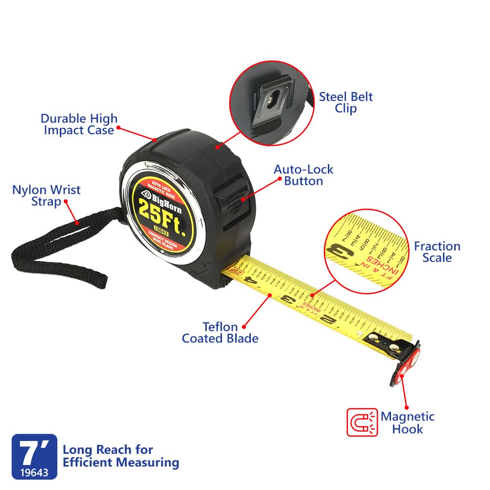 Big Horn 19643-5Pk 25 Ft. Compact Auto Lock Tape Measure with Magnetic Hook - Pack of 5 | Heavy Duty Measuring Tool for Construction, Carpentry, DIY Projects & Home Improvement