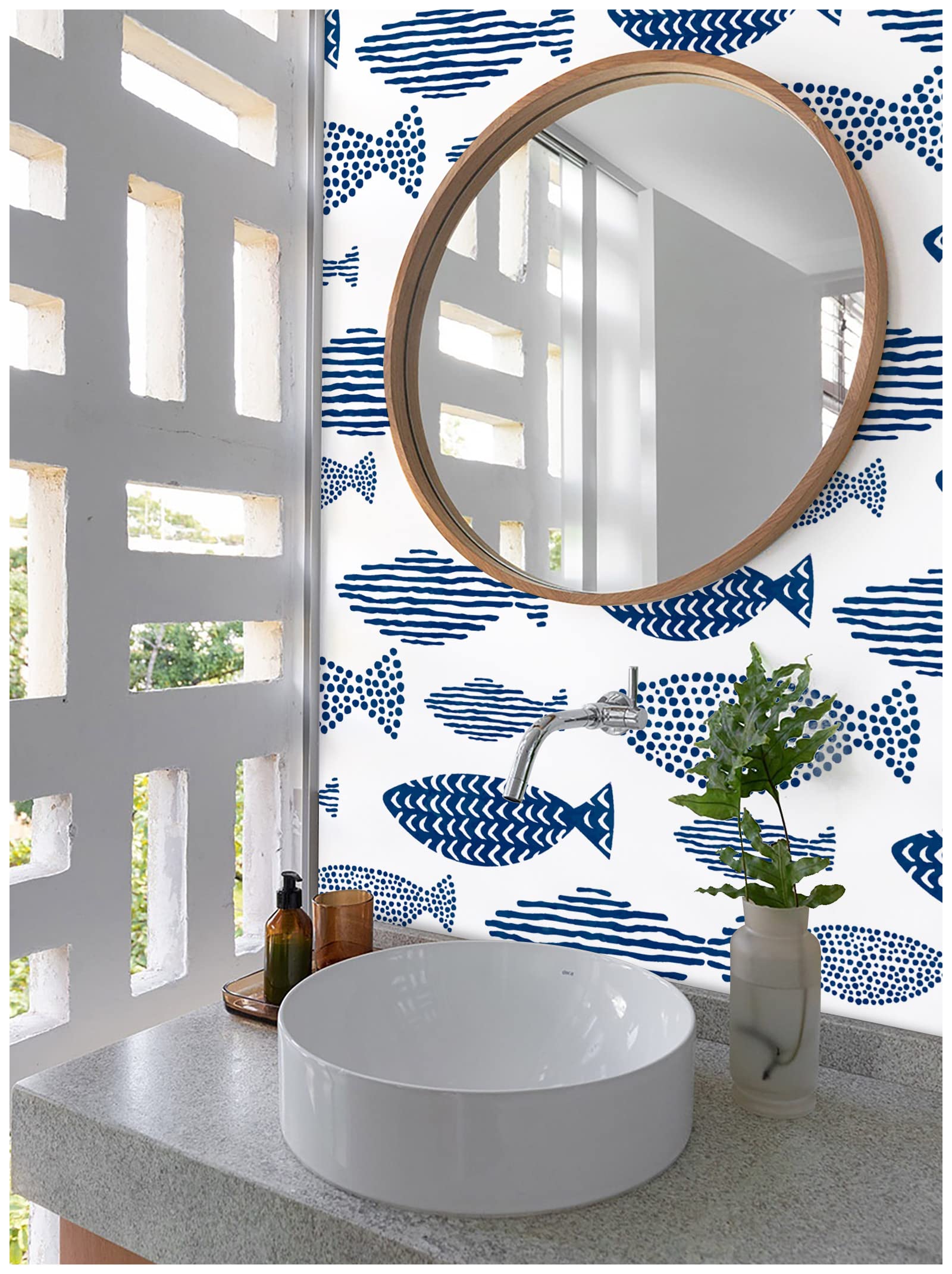 HAOKHOME Removable Peel and Stick Wallpaper - Underwater World Fish Trellis Design in Indigo Blue, Self-Adhesive Contact Paper for Home & Bathroom Decor (17.7in x 32.8ft) - Perfect for Accent Walls, Nursery, Rental Apartments & DIY Home Makeovers