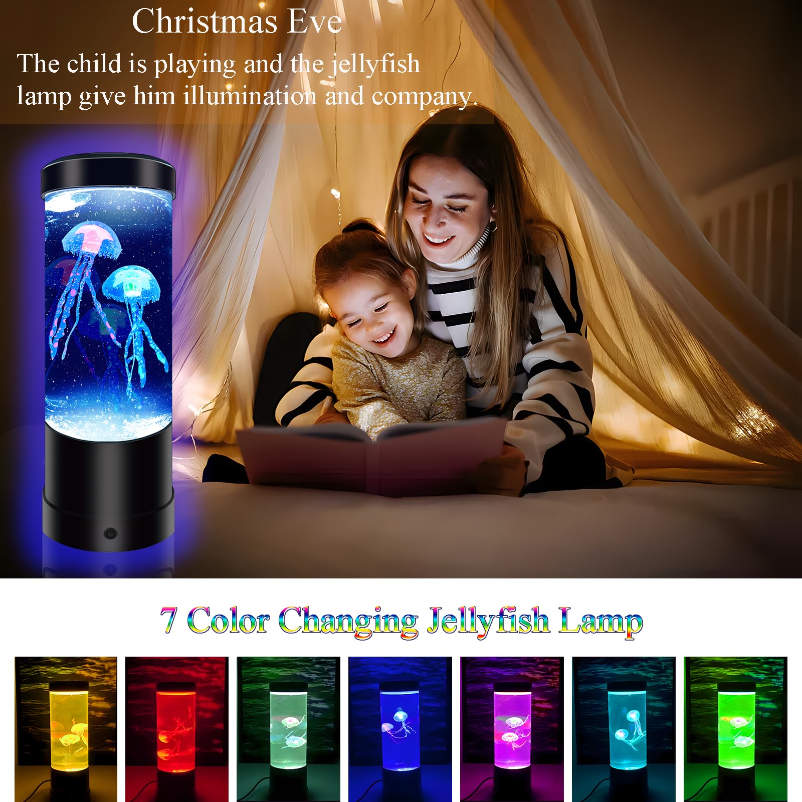 7 Color Changing Jellyfish Lamp - USB/Battery Powered Night Light, Aquarium Desk Lamp for Home, Bedroom, Office - Perfect Gift for Kids, Adults - Creates a Relaxing Ambiance for Study, Sleep & Meditation