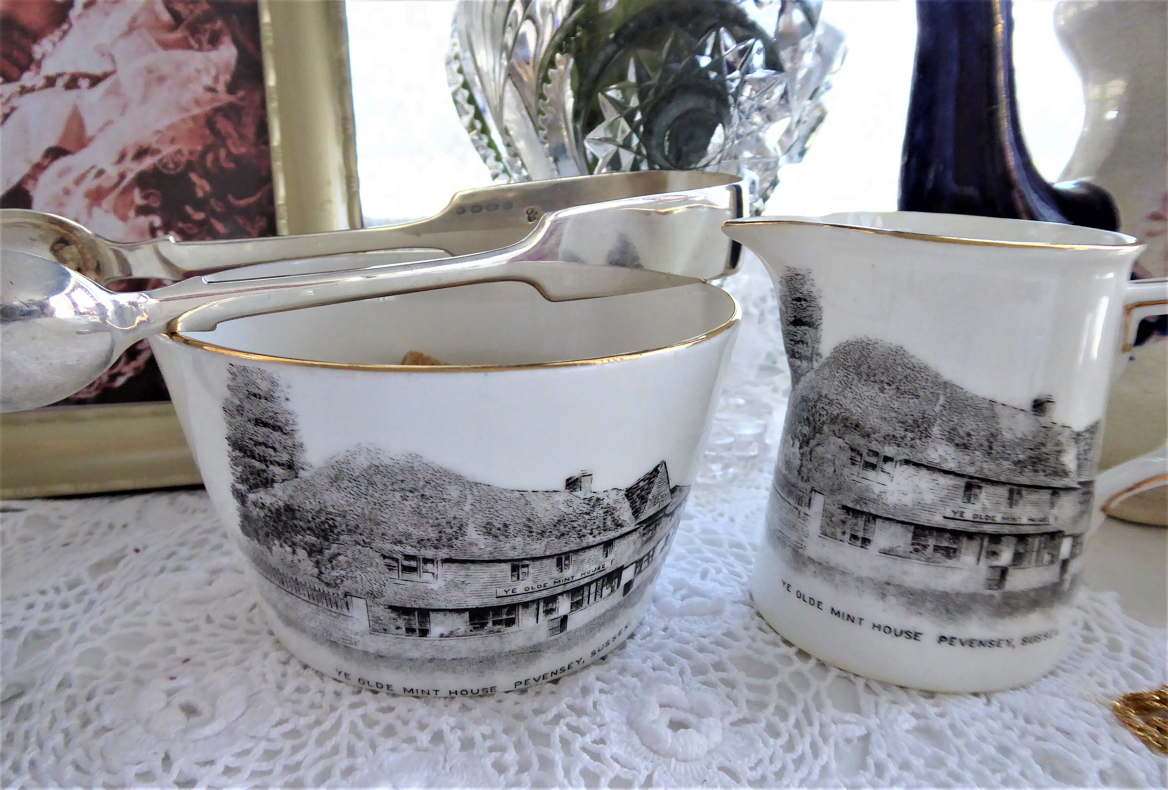 Vintage Shelley Cream and Sugar Set - Ye Olde Mint House Pevensey Milk Sussex 1910s Antique English Tea Service for Afternoon Tea and Collectors Display