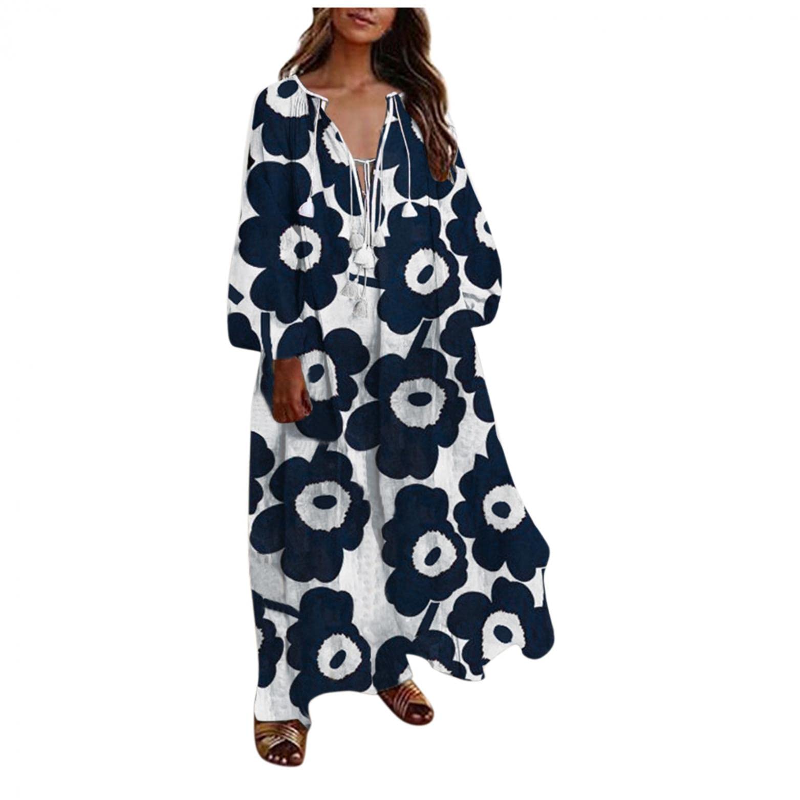 Plus Size Floral Maxi Dress for Women - Loose Bohemian Beach Dress in Navy Blue | Perfect for Summer Vacations, Beach Outings & Casual Wear