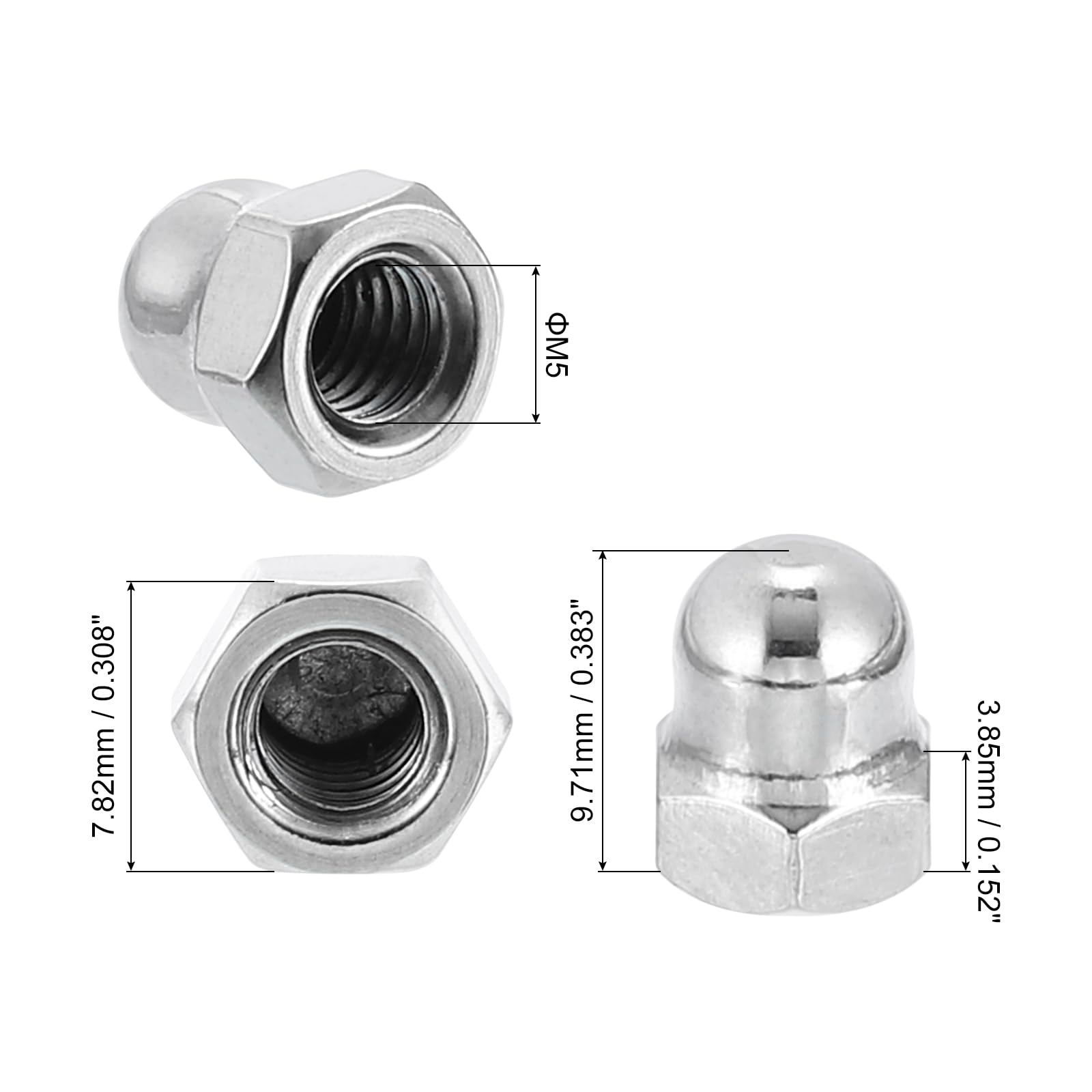 uxcell 50Pcs M5x0.8 316 Stainless Steel Acorn Cap Nuts - Dome Head Hex Nut for Bolt Cover Protection, Rustproof Hardware Fasteners (Silver) - Perfect for Automotive, Marine & Outdoor Applications