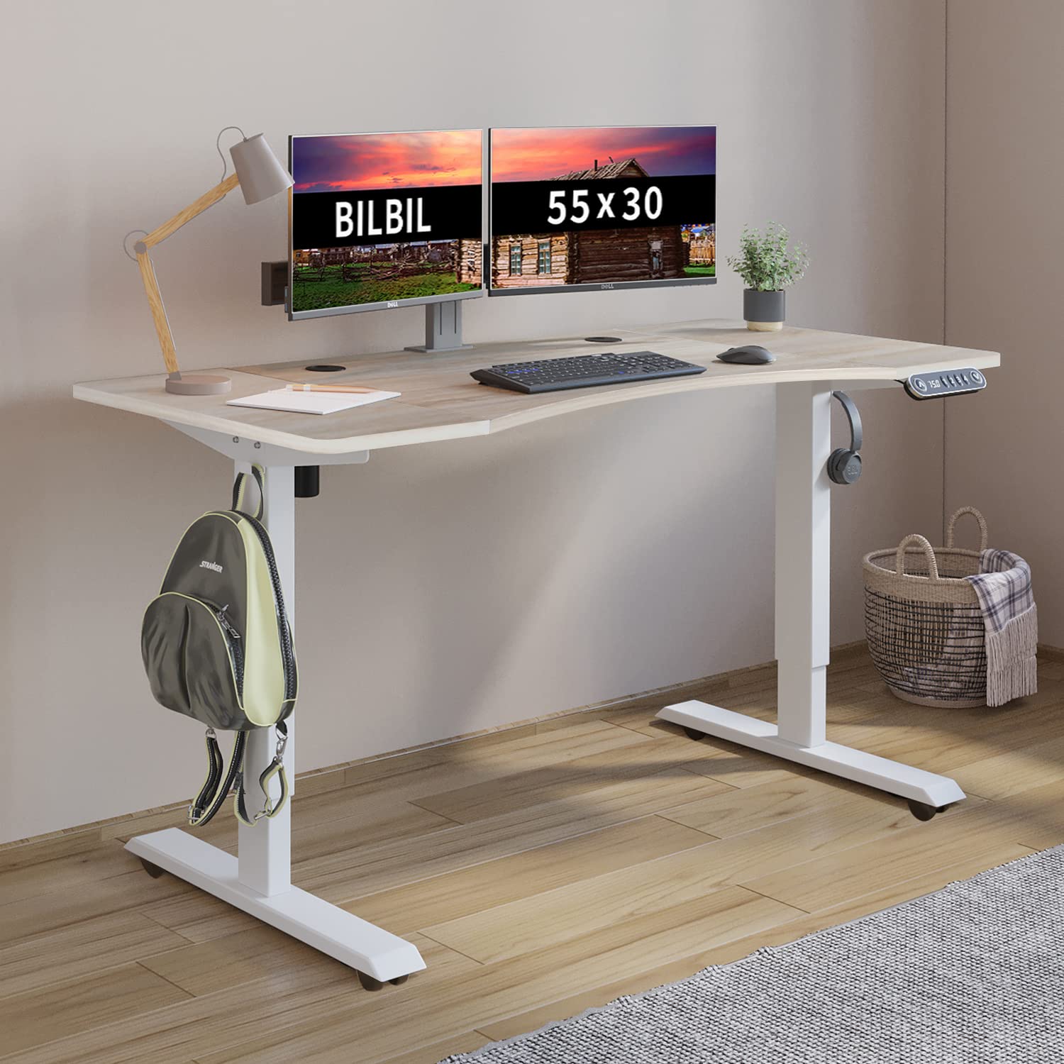 Bilbil Electric Standing Desk 55 x 30 Inches - Height Adjustable Sit Stand Desk with Splice Board, Brake Casters, White Frame & Oak Top - Perfect for Home Office, Gaming, and Workspace Ergonomics