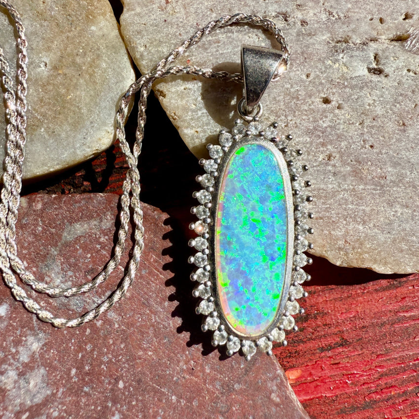 14K Sterling Silver Opal & Cubic Zirconia Pendant Necklace with Chain - Elegant Jewelry for Women, Perfect for Gifts, Parties & Special Occasions