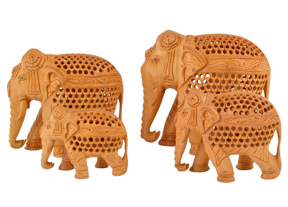 Handcrafted Wooden Elephant Statues Set of 4 - Indian Jaali Art Home Decor for Living Room, Tabletop Display, Housewarming Gifts | Perfect for Boho Decor, Meditation Spaces & Ethnic Home Accents