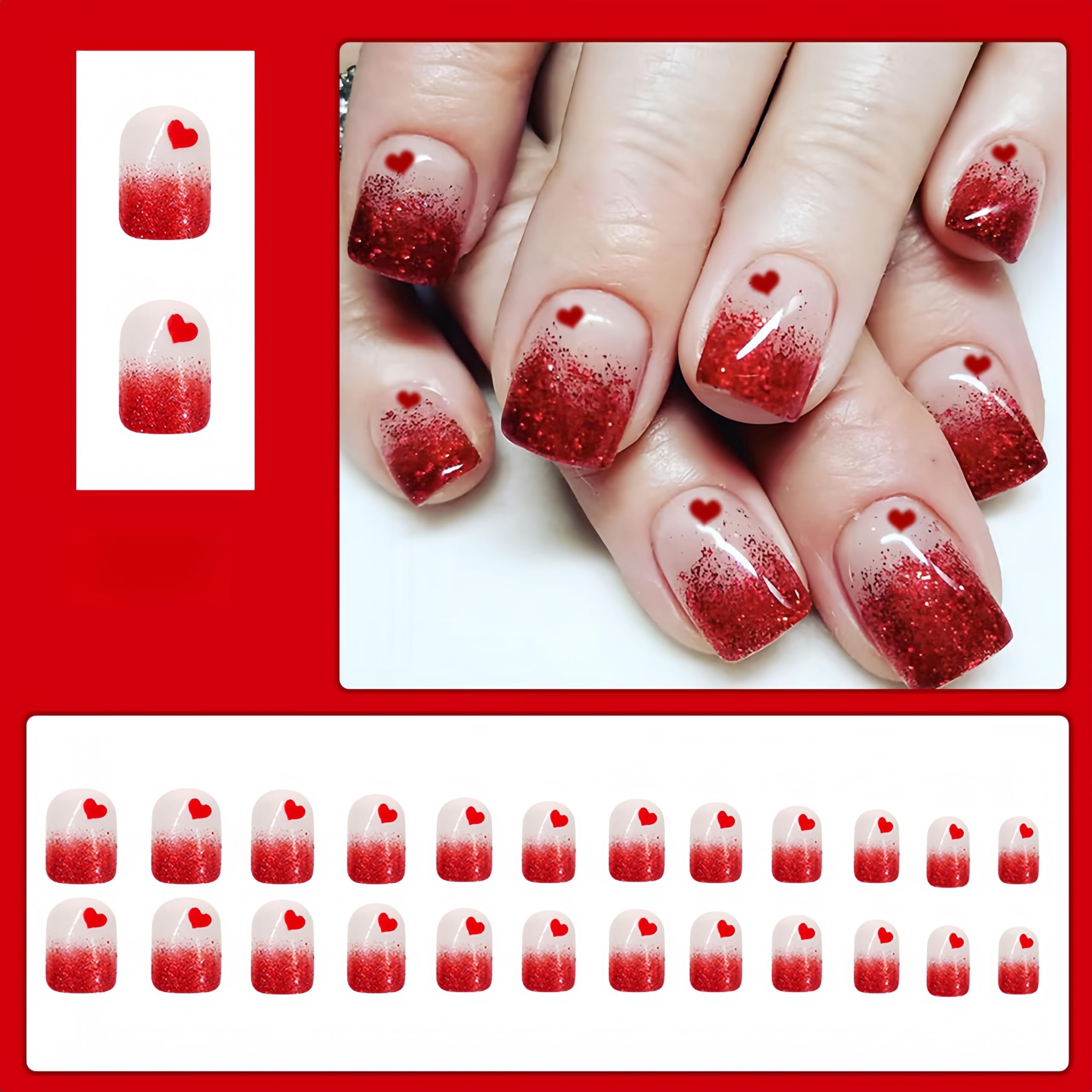 24Pcs Red Heart Press on Nails Short Square Fake Nails - Valentine's Day Little Love Heart Design, Glossy Acrylic Nails with Romantic Red Flash Gradient French Tips for Women & Girls | Perfect for Date Night, Parties, Weddings & Special Occasions