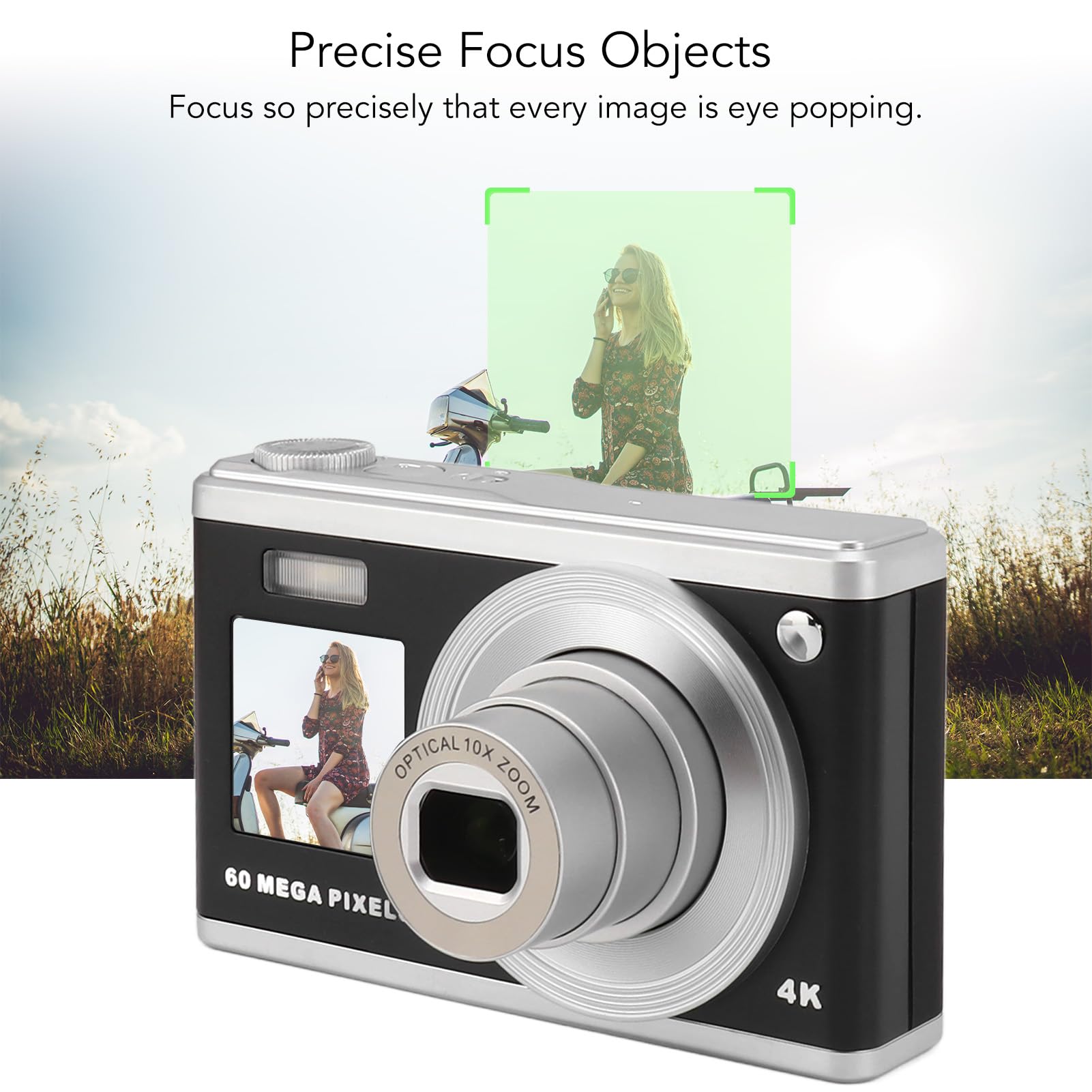 60MP 4K Digital Camera with Dual Screen & Autofocus | 10x Optical Zoom & Anti-Shake | Compact Portable Camera for Travel, Vlogging, Hiking & Outdoor Photography | Automatic Functions (Black)