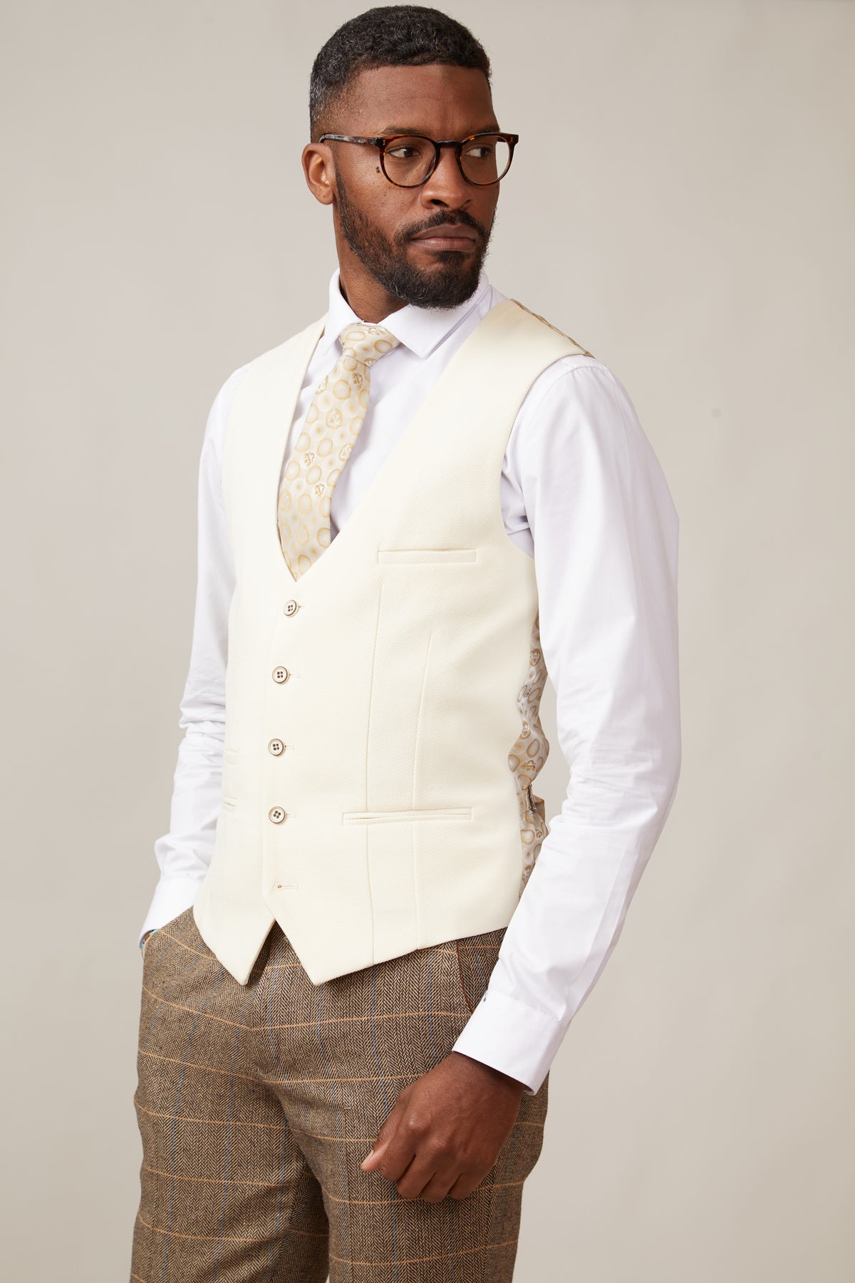 Elegant TED Tan Tweed Check Suit with Kelvin Cream Waistcoat - Perfect for Weddings, Business Meetings & Formal Events