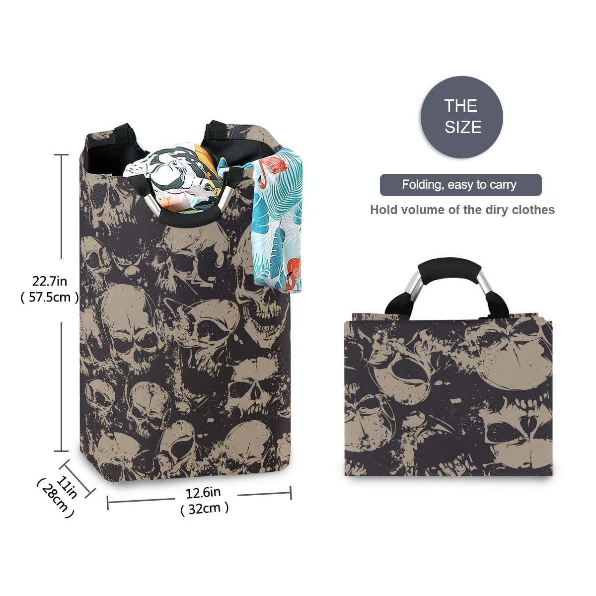 Foldable Collapsible Laundry Hamper Bag with Handles - Grunge Skull Design for Laundry Room, Bathroom Storage & Organization - Perfect for College Dorms, Camping & Travel