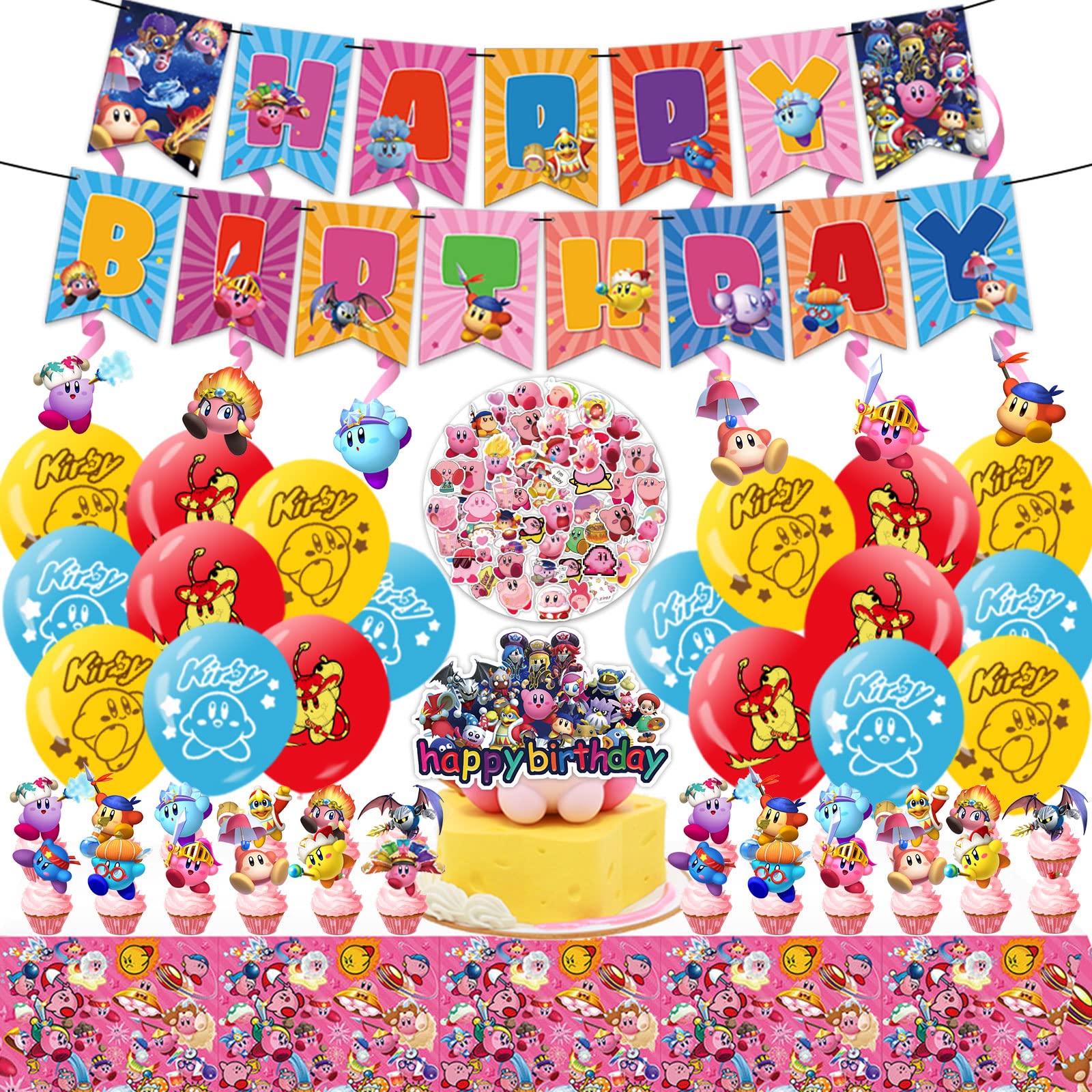 107 pcs Kirby Star Party Decorations Set - Includes Happy Birthday Banner, 24 Balloons, Cupcake Toppers, Tablecloth, Hanging Swirls, Cake Topper & 50 Stickers for Kirby Themed Birthday Party Decorations & Supplies - Perfect for Kids Birthday Parties, Baby Showers & Themed Events