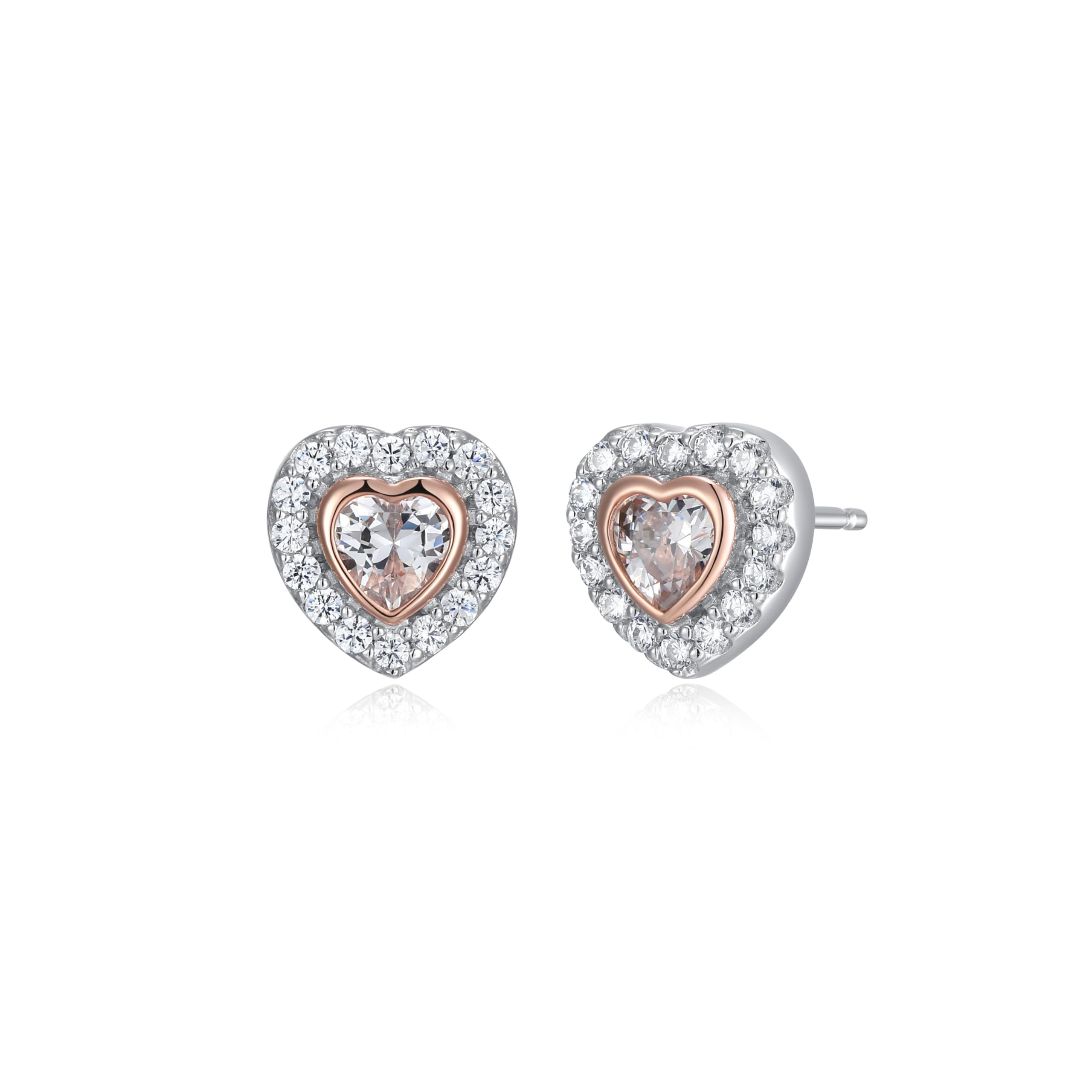MORGAN & PAIGE .925 Sterling Silver 14K Rose Gold & Rhodium Plated Cubic Zirconia Two-Tone Halo Heart Stud Earrings for Women - Hypoallergenic, Comfortable Jewelry Gift for Her (1/3