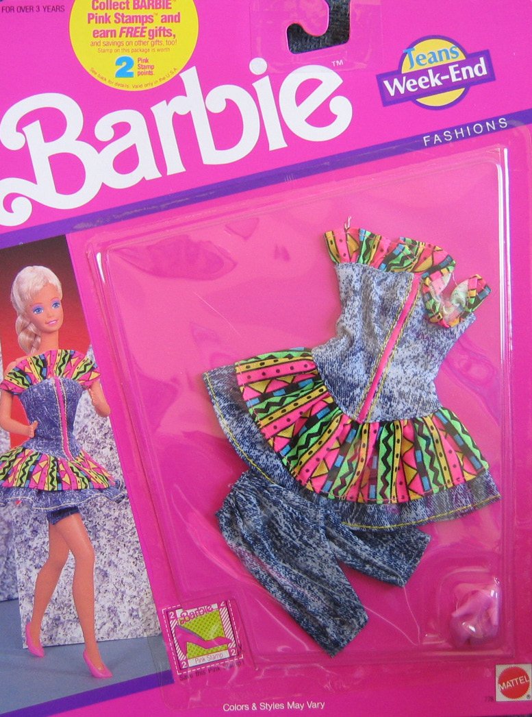 Vintage 1990 Barbie Jeans Week-End Fashion Doll Outfit with Dress & Bermuda Shorts by Mattel Arco Toys - Perfect for Collectors, Playtime & 90s Nostalgia