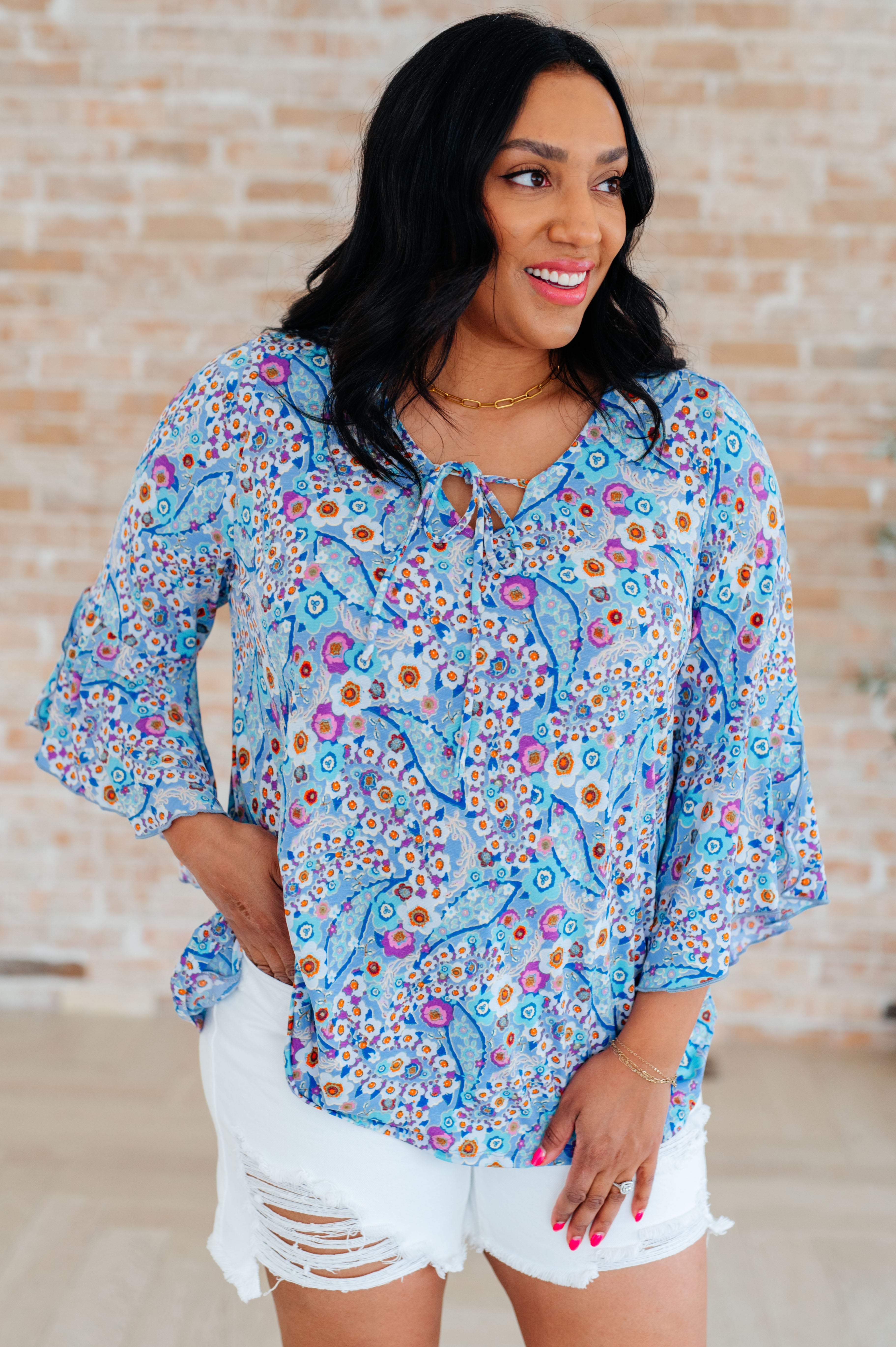 Vintage Floral Willow Bell Sleeve Blouse - Boho Chic Women's Tops for Spring/Summer | Perfect for Casual Outings, Music Festivals & Date Nights