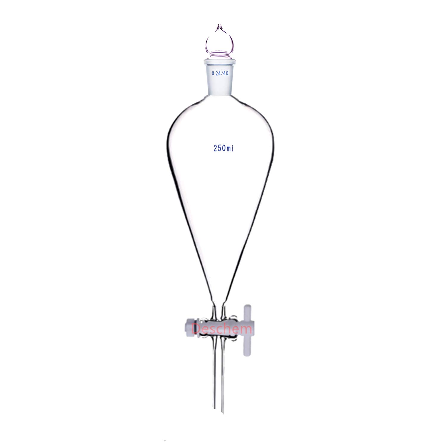 250ml 24/40 Glass Pear-Shaped Separatory Funnel with PTFE Stopcock & Straight Drop Tube - Ideal for Chemical Extraction, Lab Distillation & Essential Oil Separation