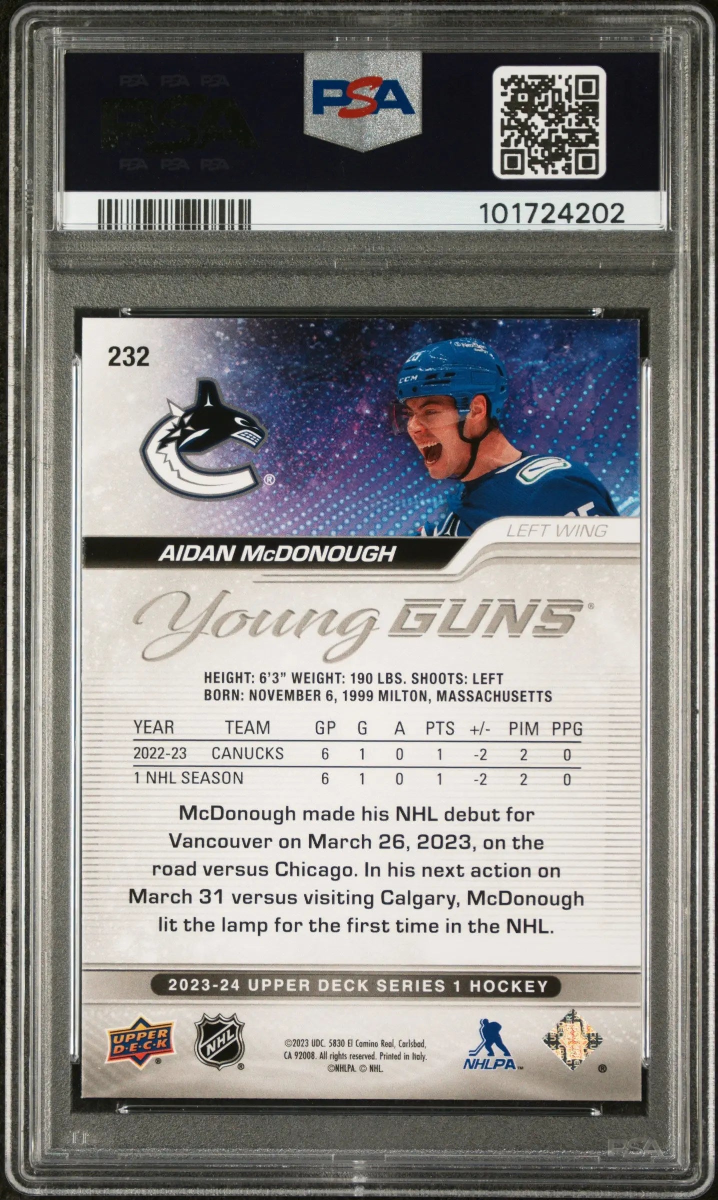 2023-24 Upper Deck Series 1 Aidan McDonough Silver Outburst Young Guns Hockey Card - PSA 10 Gem Mint - Perfect for Collectors & Investors | NHL Trading Cards for Display & Portfolio Growth
