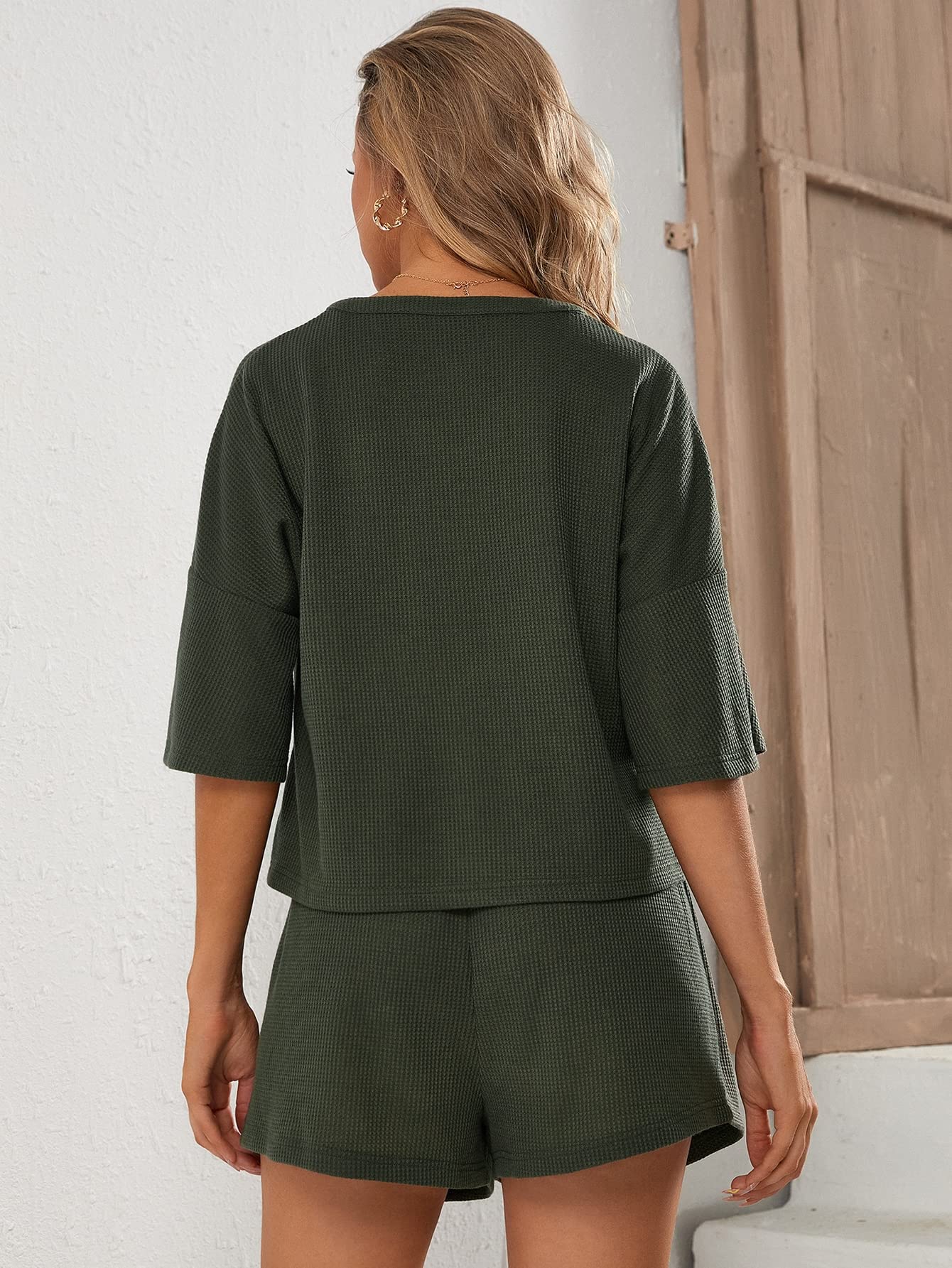 OYOANGLE Women's Maternity 2 Piece Outfit Set - V Neck Tee Shirt & Adjustable Drawstring Waist Shorts | Comfortable Pregnancy Clothes for Casual Wear, Maternity Photoshoot & Everyday Outfits