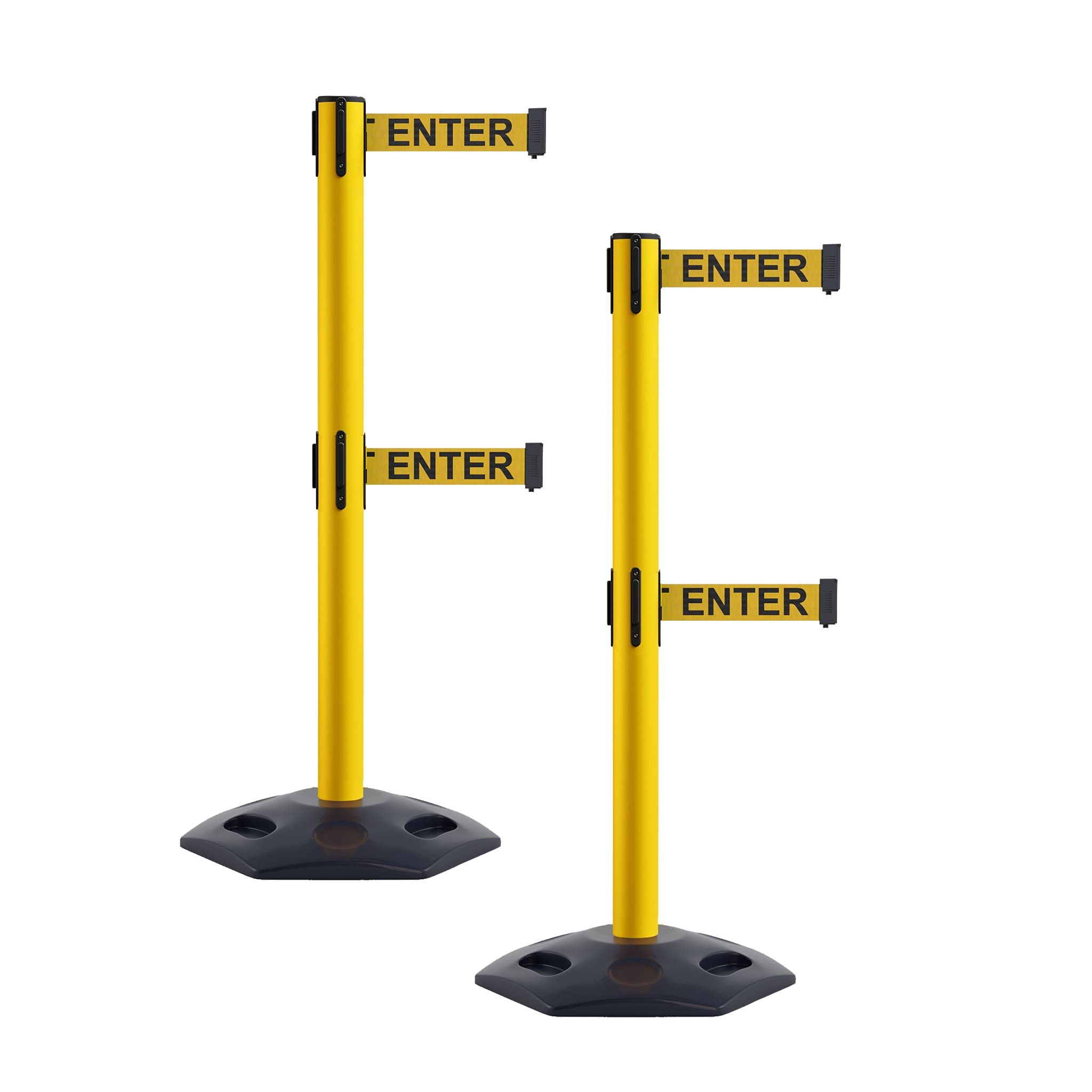 Heavy-Duty Retractable Safety Barrier Stanchion - Set of 2 with 11ft Yellow Caution Belt & Rubber Base - Warehouse Crowd Control, Event Queue Management, Retail Safety Barriers - WBB-200D Model