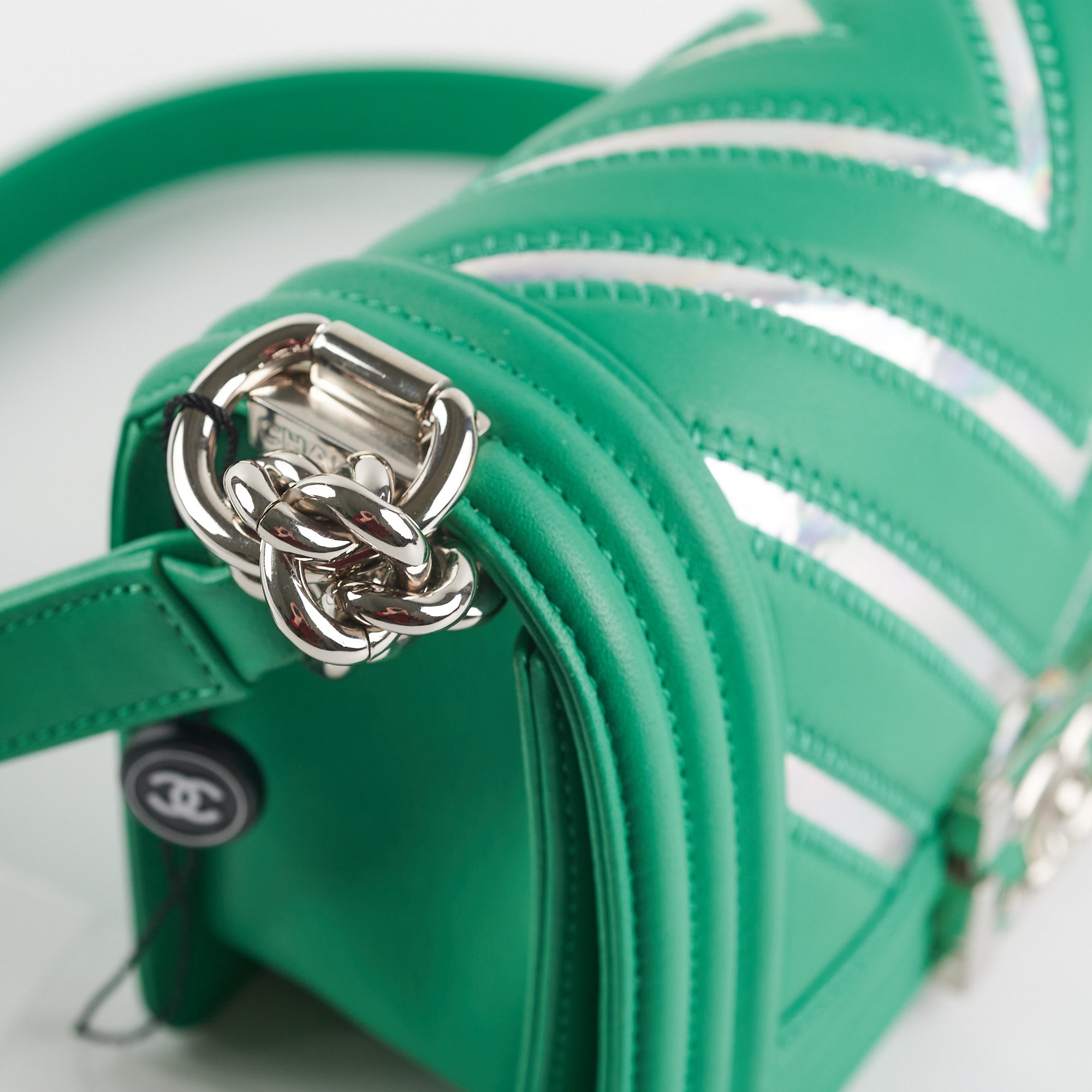 Chanel Chevron Boy Small Green Leather Bag with Holographic PVC Trim - Luxury Crossbody Purse for Women, Perfect for Evening Parties & Special Occasions