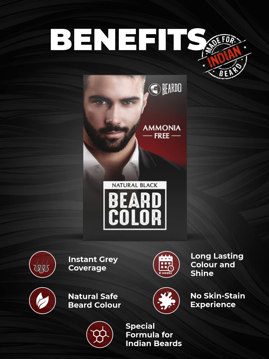 Beardo Natural Black Beard Color for Men - 60ml | Long Lasting Ammonia-Free Hair Dye | Easy Application, No Stains | Skin-Friendly Formula | Perfect for Daily Use & Special Occasions
