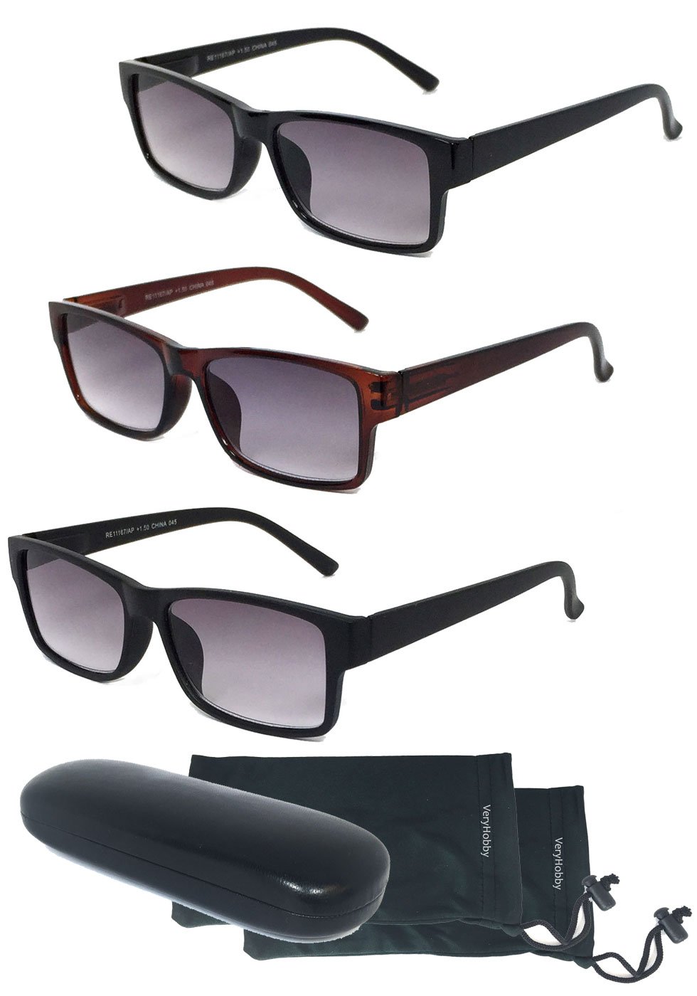 3 Pack Retro Plastic Frame Full Reading Sunglasses for Men & Women - UV Protection Outdoor Reading Glasses (Non-Bifocal) with 1 Hard Case & 2 Soft Pouches - Perfect for Reading, Fishing, Driving, and Outdoor Activities